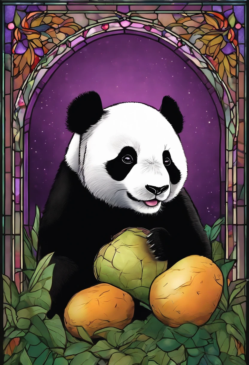 Fluffy Giant Panda，Sasa Panda、Extremely cute，Holding a potato in his hand、Purple Satsuma Potato、Sweet potatoes、Stained glass with pale green light as background，Colorful space as decoration，Ultimate HD image quality