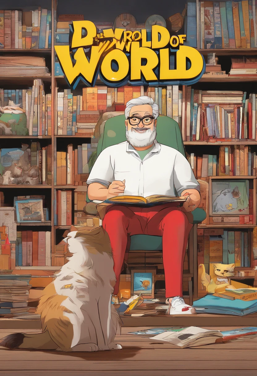 3D illustration reminiscent of a Pixar film poster with 'Donny', a mature man with round glasses, medium military-cut hair, and a very short, close-cropped black beard. He's in a red t-shirt with a white star, jeans, and All-Star sneakers, sitting on the floor with a joyful smile as he reads a comic book, surrounded by more comics. The background has a bookshelf with four natural-looking cats: a fluffy white one, a lean yellow one, a dense-furred black and white one, and a tabby. The movie title 'The World of Comics' is prominent, with cinematic details below.