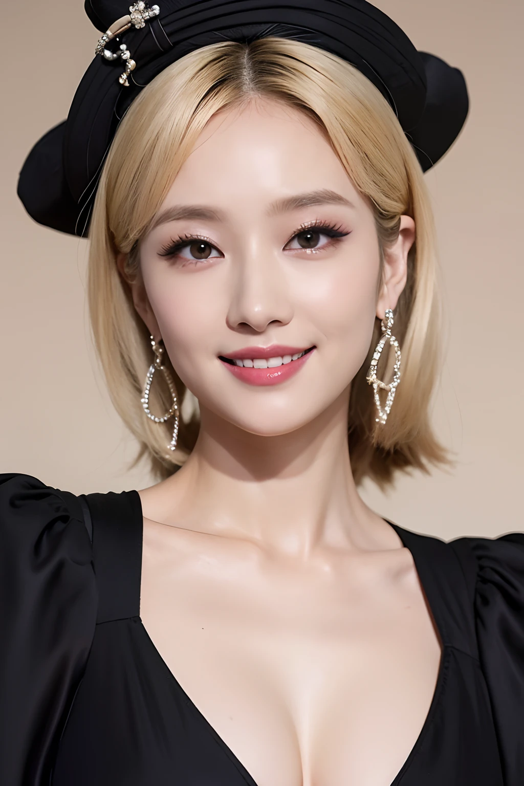 (extra detailed body、extra detailed face、best qualtiy:1.2)、femele、looking at the viewers、(a blond、Black Dress、Fancy accessories、makeups、A smile)、(Ukiyo-e on the background)