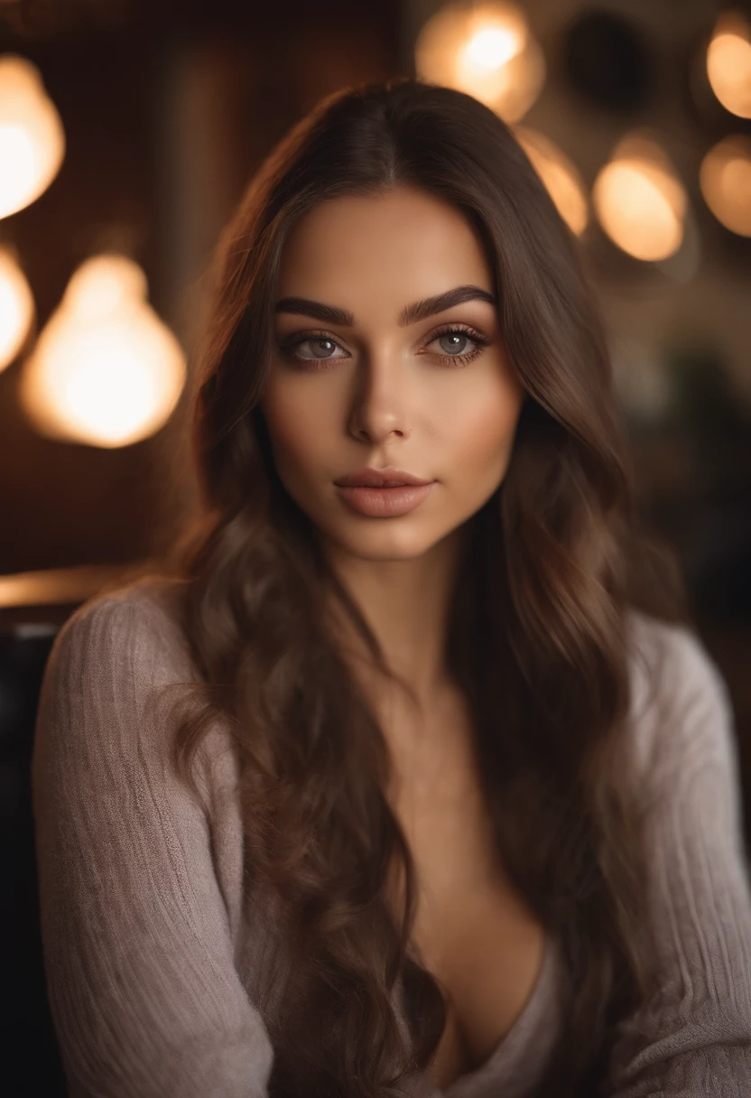 arafed woman with a beautiful winter outfit, sexy girl with brown eyes, portrait sophie mudd, brown hair and large eyes,bedroom eyes, violet myers, without makeup, natural makeup, looking directly at the camera, face with artgram, subtle makeup,selfie at the bar, cleavage