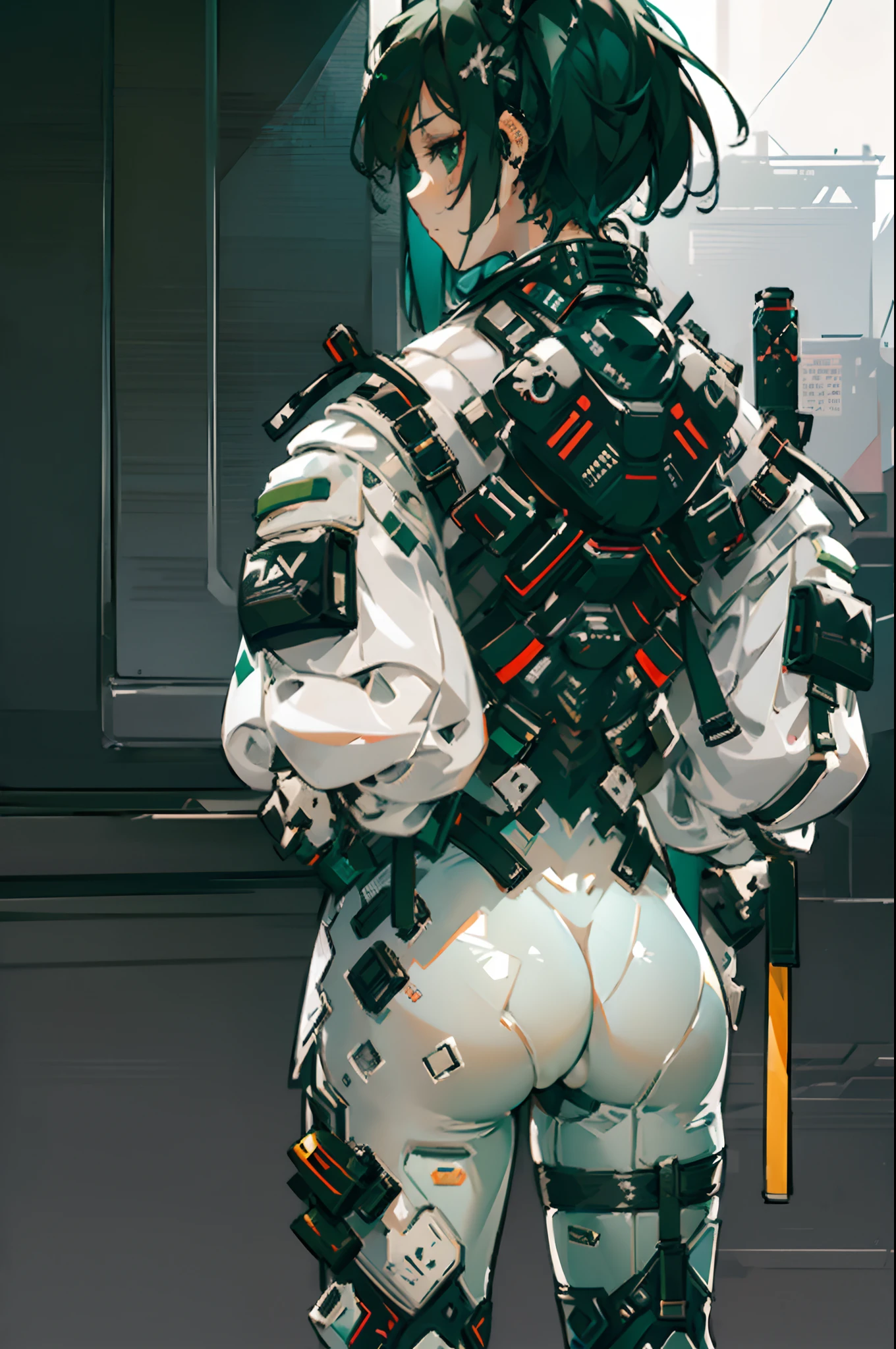 Girl wearing white tech bodysuit, gray sports leggings, tech harnesses, cargo straps, tech wear, jacket, military green cargo pilot, back, rear view, rear view, AgoonGirl, full body, detailed face, MUSCULAR, CURVED BACK, round ass