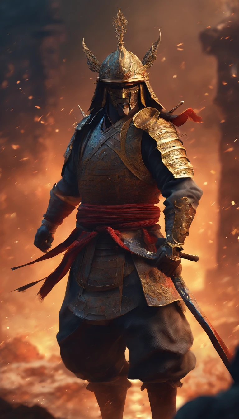 japanese samurai, arte conceitual, Directed by: Kishi Ganku, arte de fantasia, Fundo do templo zen, clean render, wearing light period clothing, without any props on the head, detailed bushido form smoke, character is standing, in fighting position, 8k realista, in game render, detalhe detalhado do fundo do rosto, Art Station home page, boi, pseudo - fantasia medieval, Formidable warrior, tudo contra um escuro, smoky scenery suggestive of a battle scene, lending a sinister aura to your persona. Enemy is spongebob squarepants who is hungry for blood. In the distance mr krabs cries over his dead friends. Extremely unsettling.
