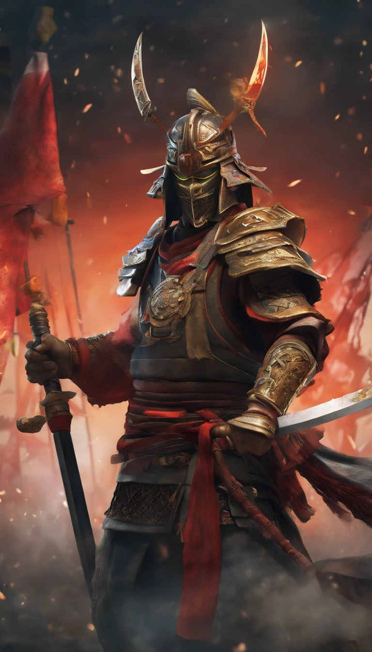 japanese samurai, arte conceitual, Directed by: Kishi Ganku, arte de fantasia, Fundo do templo zen, clean render, wearing light period clothing, without any props on the head, detailed bushido form smoke, character is standing, in fighting position, 8k realista, in game render, detalhe detalhado do fundo do rosto, Art Station home page, boi, pseudo - fantasia medieval, Formidable warrior, tudo contra um escuro, smoky scenery suggestive of a battle scene, lending a sinister aura to your persona. Enemy is spongebob squarepants who is hungry for blood. In the distance mr krabs cries over his dead friends. Extremely unsettling.