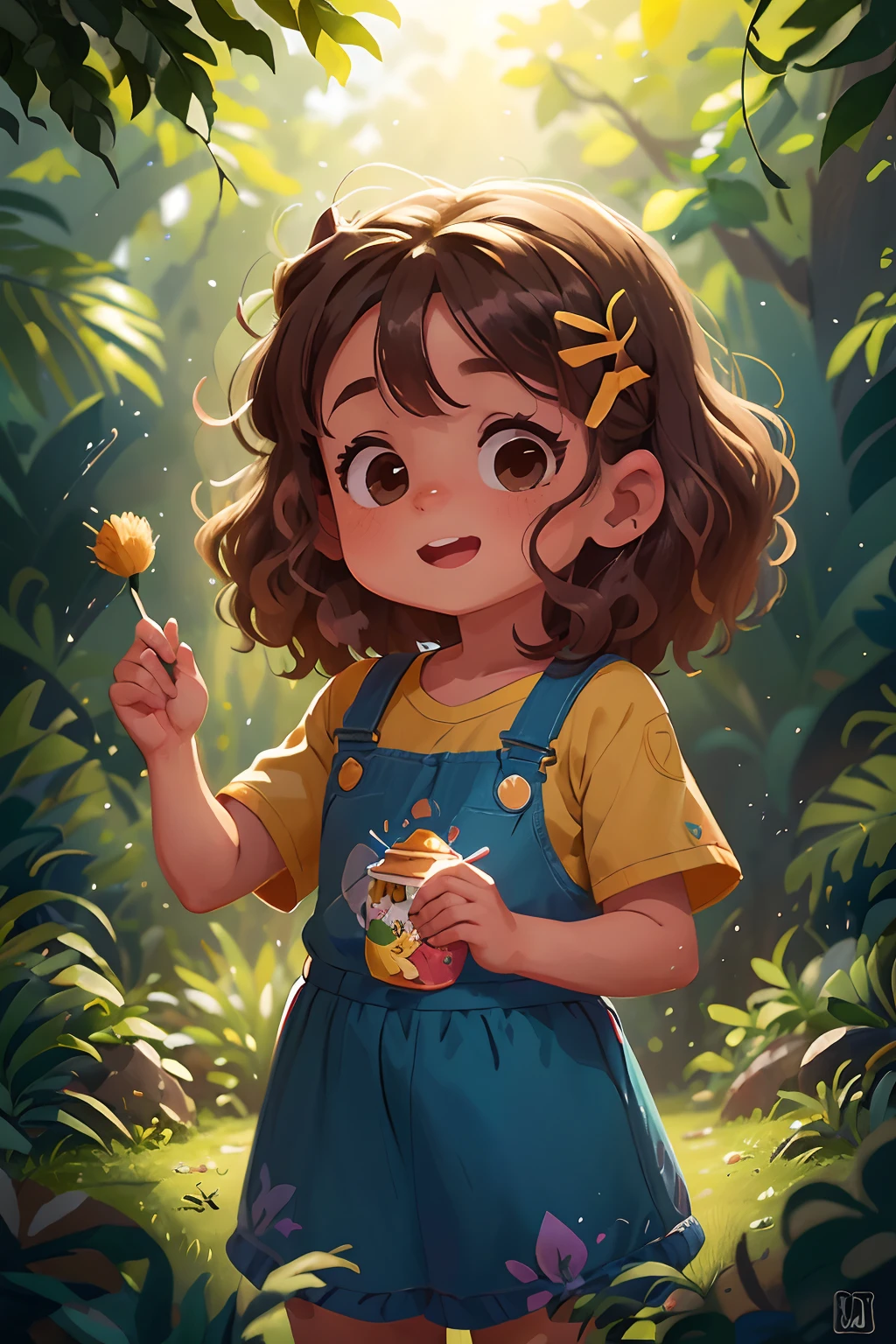 de 3 anos, pele clara, cabelo dourado curto, curly and messy. correndo, jardim na floresta com flores coloridas. Vestindo uma roupa fofa, feliz, feliz, qualidade perfeita, foco claro (desordem - casa: 0.8), (obra-prima: 1.2) (Realista: 1.2) (Bokeh) (Melhor qualidade) (Pele detalhada: 1.3) (Detalhes intrincados) (8K) (Olhos de detalhe) (foco nítido), (Feliz)