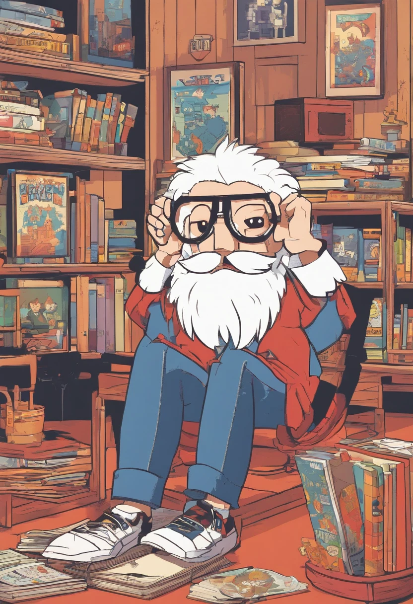 a mature man with round glasses, medium military-cut hair, and a very short, close-cropped black beard. He's in a red t-shirt with a white star, jeans, and All-Star sneakers, sitting on the floor with a joyful smile as he reads a comic book, surrounded by more comics. The background has a bookshelf with four natural-looking cats: a fluffy white one, a lean yellow one, a dense-furred black and white one, and a tabby. The movie title 'The World of Comics' is prominent, with cinematic details below.