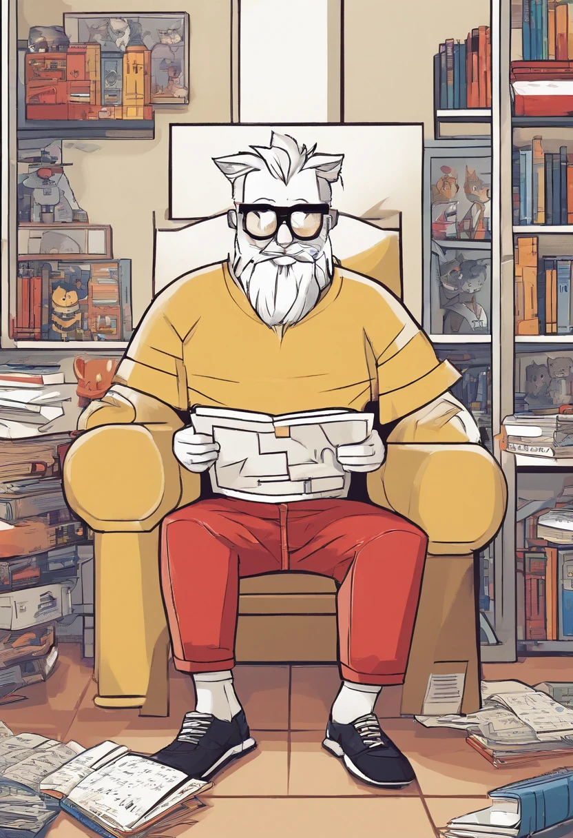 a mature man with round glasses, medium military-cut hair, and a very short, close-cropped black beard. He's in a red t-shirt with a white star, jeans, and All-Star sneakers, sitting on the floor with a joyful smile as he reads a comic book, surrounded by more comics. The background has a bookshelf with four natural-looking cats: a fluffy white one, a lean yellow one, a dense-furred black and white one, and a tabby. The movie title 'The World of Comics' is prominent, with cinematic details below.