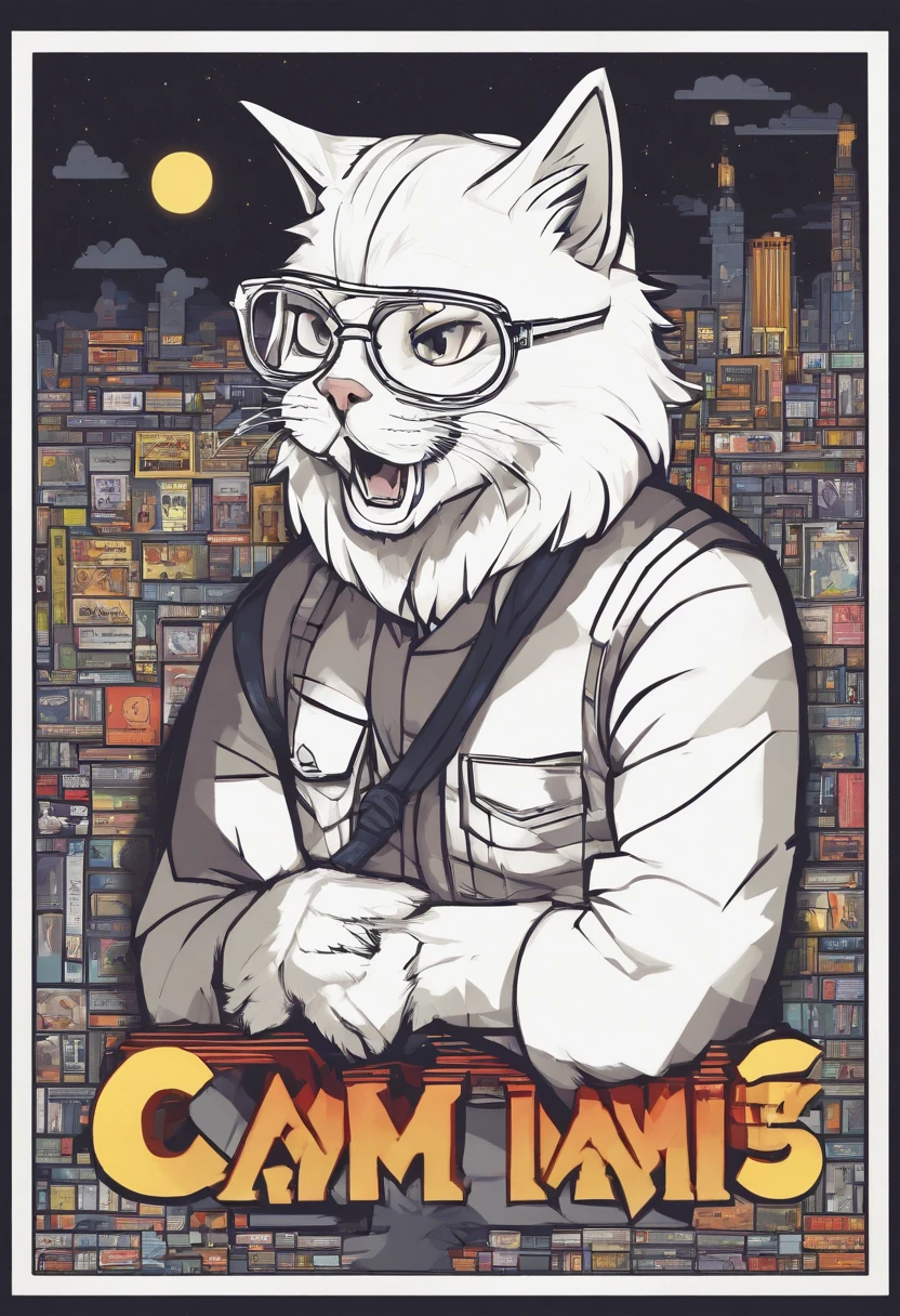 a mature man with round glasses, medium military-cut hair, and a very short, close-cropped black beard. He's in a red t-shirt with a white star, jeans, and All-Star sneakers, sitting on the floor with a joyful smile as he reads a comic book, surrounded by more comics. The background has a bookshelf with four natural-looking cats: a fluffy white one, a lean yellow one, a dense-furred black and white one, and a tabby. The movie title 'The World of Comics' is prominent, with cinematic details below.