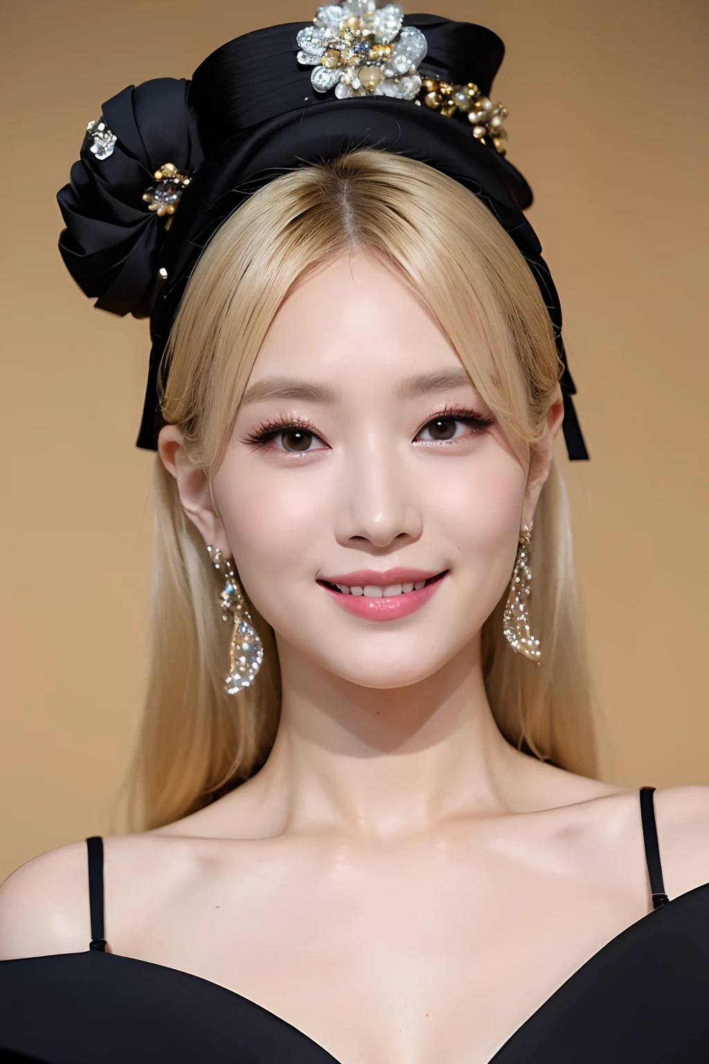 (extra detailed body、extra detailed face、best qualtiy:1.2)、femele、looking at the viewers、(Black dress、Fancy makeup、accessorized、a smile、a blond)、(Ukiyo-e on the background)