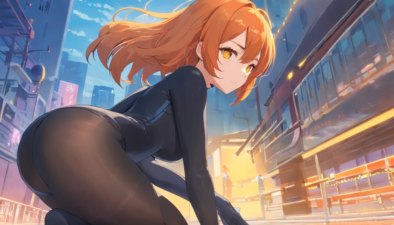 1 female、Orange hair、huge breasts、huge ass、Black catsuit、yellow  eyes、Large, thick thighs、Short Bob、wide hips、pantyhose