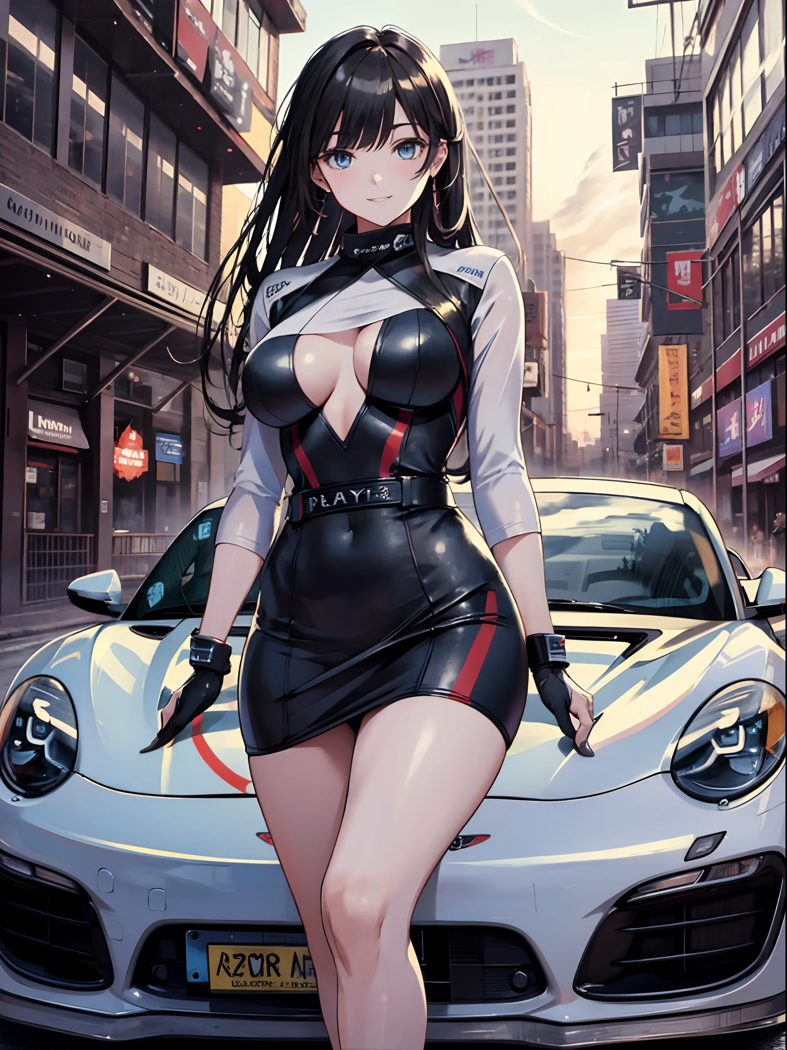 16K, HDR, ray tracing, RTX, ultra realistic, highres, wide angle shot, best quality, masterpiece, full body image, (perfect anatomy ), long black hair, happy chuckle, blue eyes, sexy body, looking at the camera, night time, anime style, trending on artstation, WLOP, sakimichan, award wining, great composition, perfect, great lighting, leaning on porsche 911, 1car, car girl, racing girl