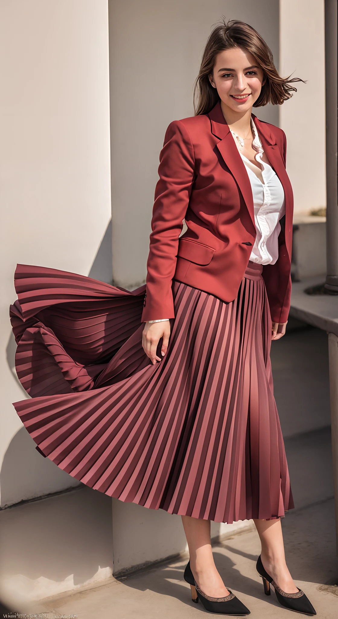 (seductive:1,9) young girl playing with skirt, dancing, wearing short blazer and very very detailed (long (fully pleated) full circle skirt) and (simple) low heeled office shoes, very very intricate hyper-detailed symmetric (attractive graceful young feminine face) with (sad, tired eyes and a shy smile), large breasts, full of empathy and compassion and love, (pronounced (feminine) features), (highly detailed ultra accurate realistic) hands and fingers, (windy conditions and wind blowing), epic composition, highly detailed attributes, highly detailed space station background, (35mm f1.4 Kodak portra 400 photograph), extremely high quality RAW photograph,