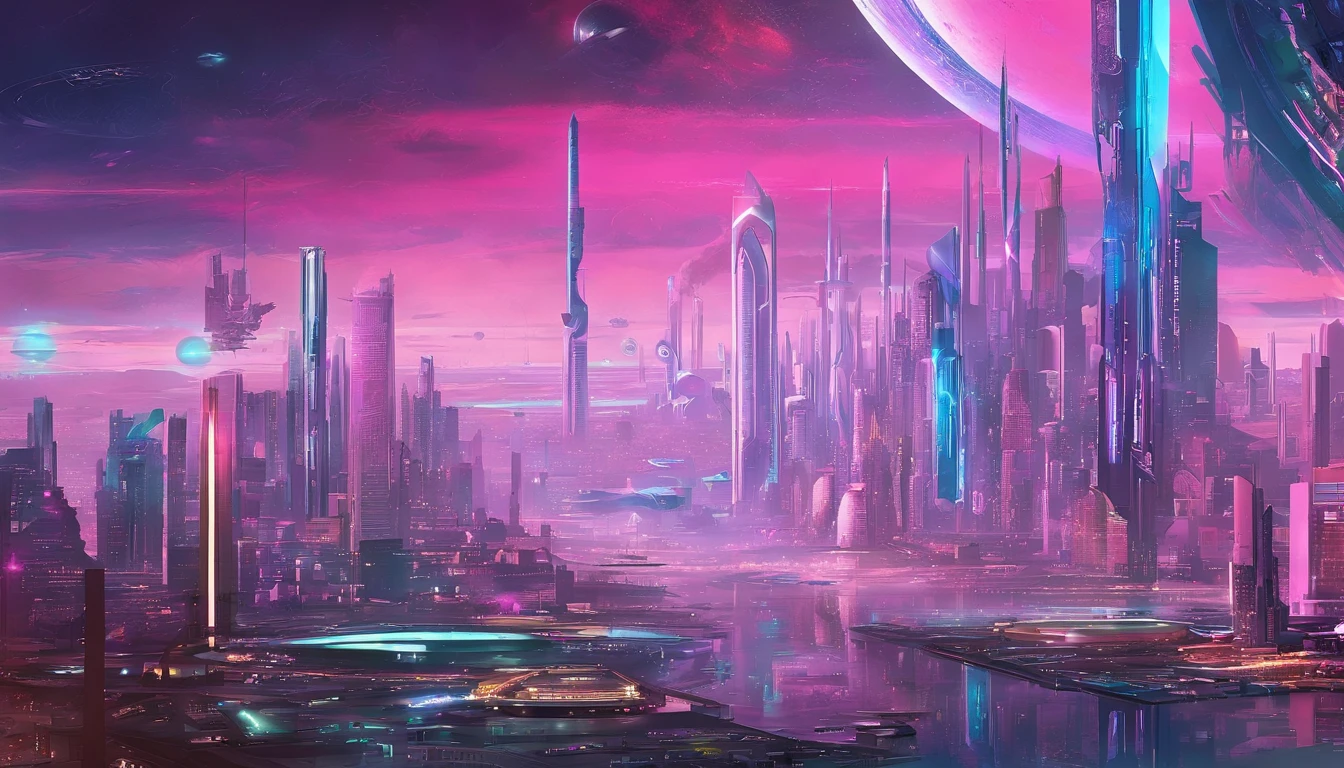 cyber punk, Cidade futuristica, planet earth, Skyscraper Cloud-piercing cyberpunk.SFart by、pink colours, Utopian city、megacity、Dream、top-quality、masterpiece、Beautiful futuristic city