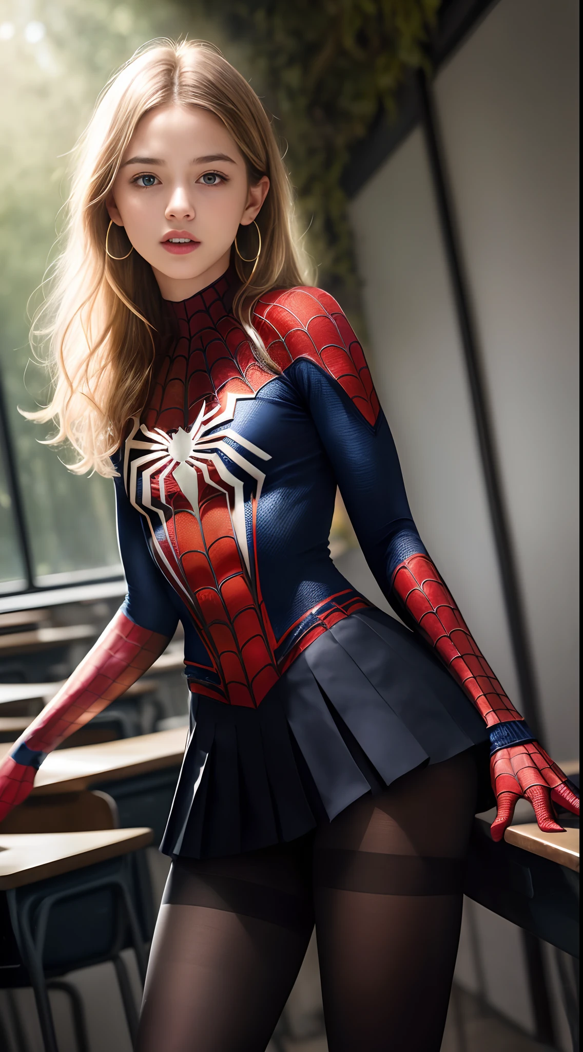 Daniel Panabaker、Sticking out the navel、newyork、She wears a torn Spider-Man suit,wearing skirt、 Red and black color scheme,Dynamic、​masterpiece、top-quality、ultra-detailliert、ighly detailed、beautiful detailed brilliance、超A high resolution