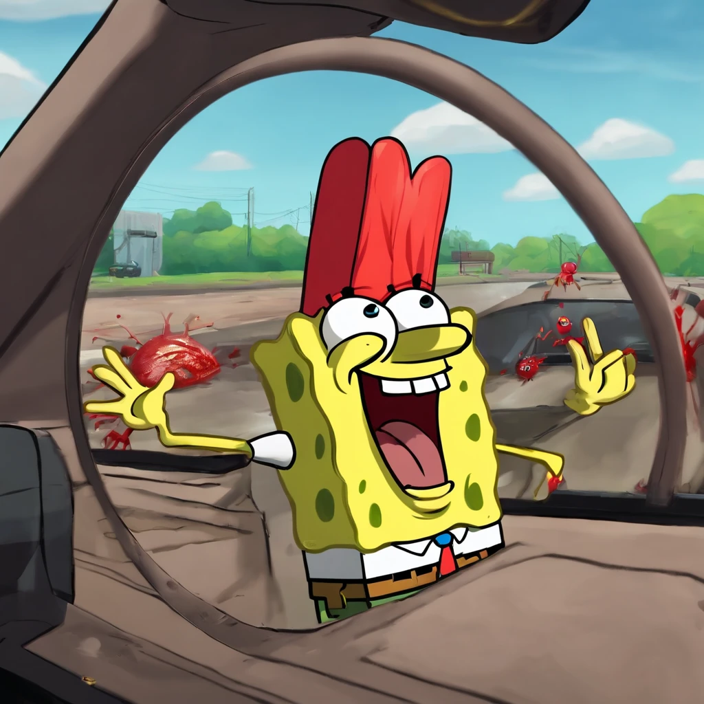 Enemy is spongebob squarepants who is hungry for blood. In the distance mr krabs cries over his dead friends. Extremely unsettling. Your weapon is a switch blade. First person view. Bodycam footahge from a police officer