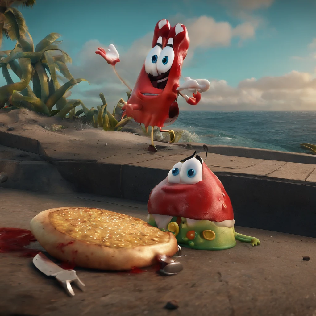 Enemy is spongebob squarepants who is hungry for blood. In the distance mr krabs cries over his dead friends. Extremely unsettling. Your weapon is a switch blade. First person view. Bodycam footahge from a police officer