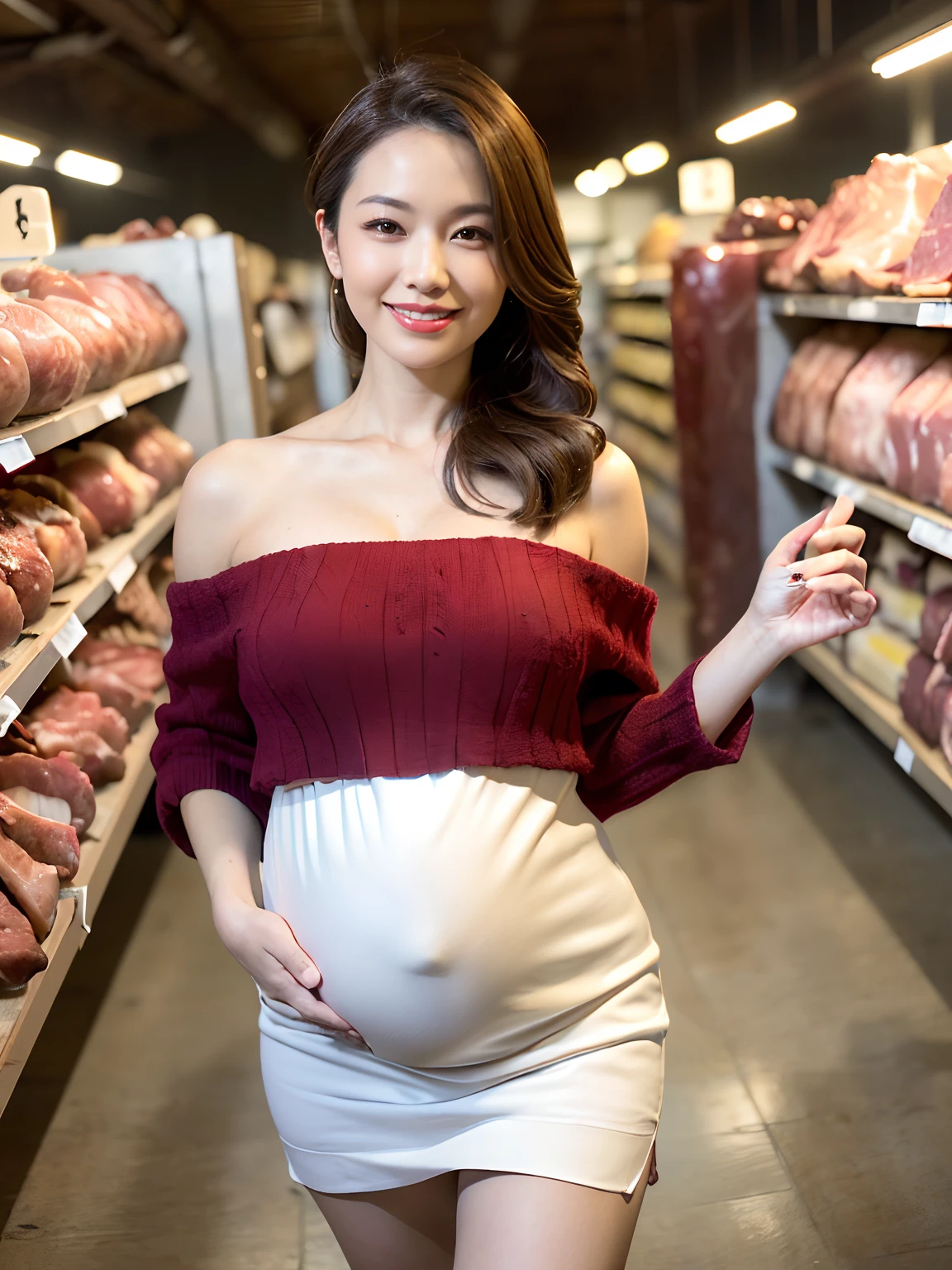 (((One Japan Beauty,40 years,Pregnant,Slightly bulging belly,1 housewife,Shopping at the meat warehouse,shopping,Meat specialty store,A large amount of meat is served,is standing,In huge chunks of meat,Meat Blocks,large pieces of meat,,,flesh blob,There is a meat section in the back,There is a lot of meat lined up,Realistic and dense meat,Walking down the aisle,Natural bright lighting,with big smiles on their faces,large full breasts,Off-the-shoulder knitwear and tight skirts,tight miniskirt,Plaid tight skirt,Beautiful thighs,Glossy and smooth hair))),((Perfect makeup,long eyelashes,Looking at the camera,Biggest smile,Phenomenally cute face,de pele branca,glistning skin,Clean teeth,perfect teeth,White teeth,finerly detailed face,Quality and beautiful face,Clear and beautiful face,Perfect smile,Perfect fingers,Perfect hands,Accurate 5 fingers,high-definition RAW color photography, professional photograpy, extremely delicate and beautiful, Extremely detailed,finely detail, Huge file size,Top image quality,8K,Photos taken with a single-lens reflex camera))