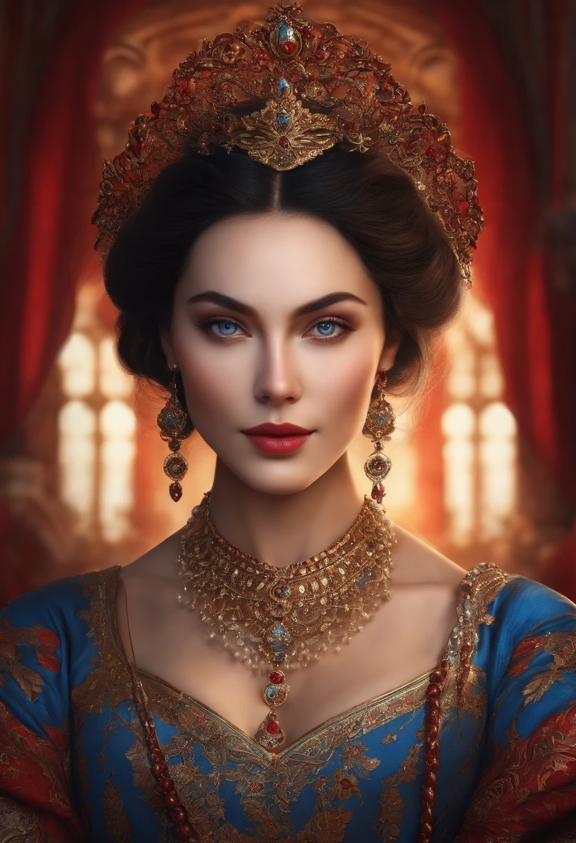 a beautiful empress portrait, dark hair, Perfect blue eyes, with a brilliant, Symmetrical, dramatic studio lighting, Rococo, baroque, red color, Asian, hyper photorealism, D&D, fantasy, Intricate, elegant, Highly detailed, Digital painting, art stations, rendering by octane, 8K, concept-art, Mattire, Sharp focus