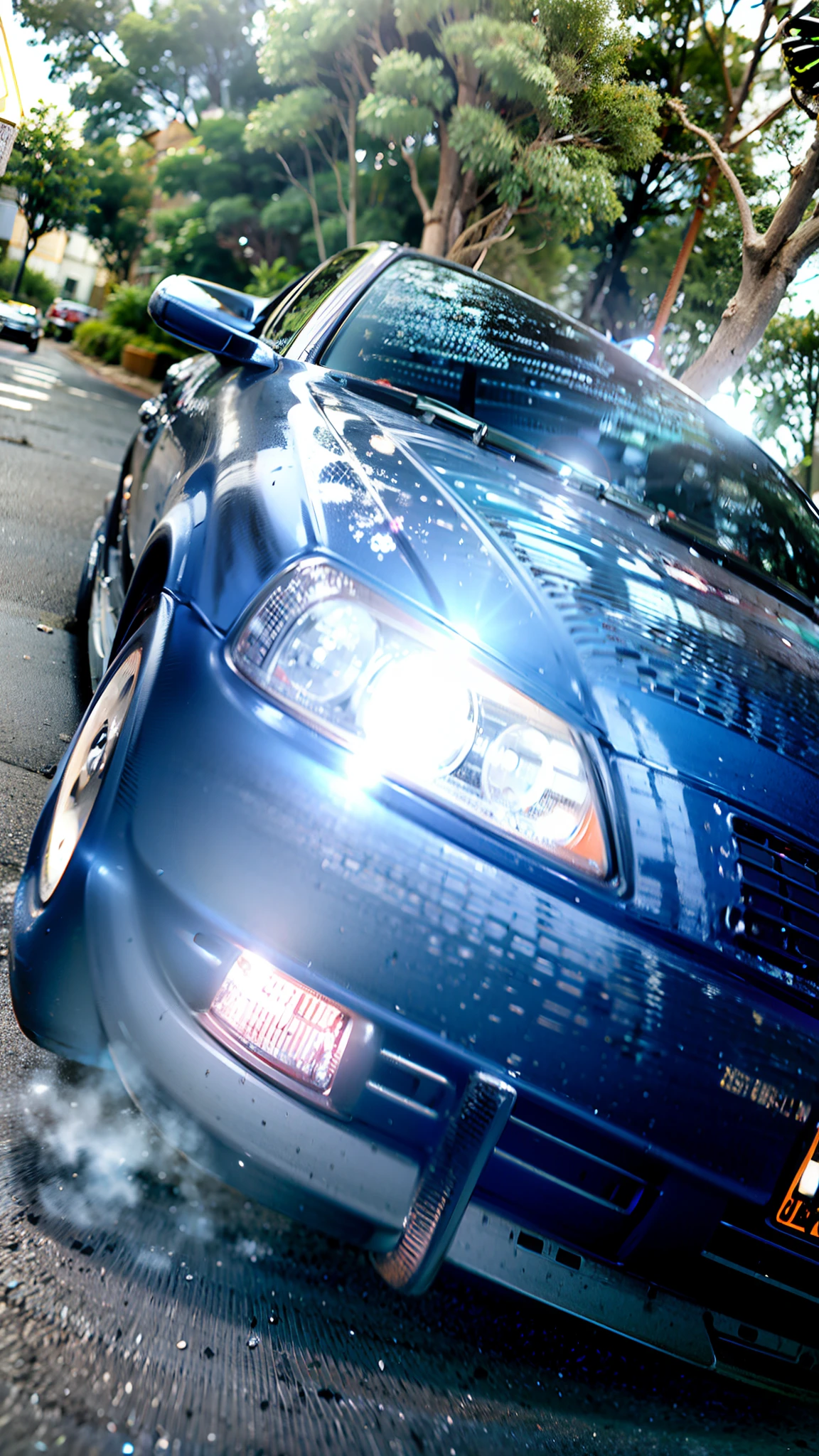 there is a car that is parked on the side of the road, Iluminado frontal, Luz frontal, frontlighting, flash frontal, 2 0 % Detalhamento perolizado, with cold headlights, sol brilha no carro, bright headlights, Custom headlights, headlight washer, Luz frontal, Iluminado!, headlights, Headlights on, Headlights glow with neon light