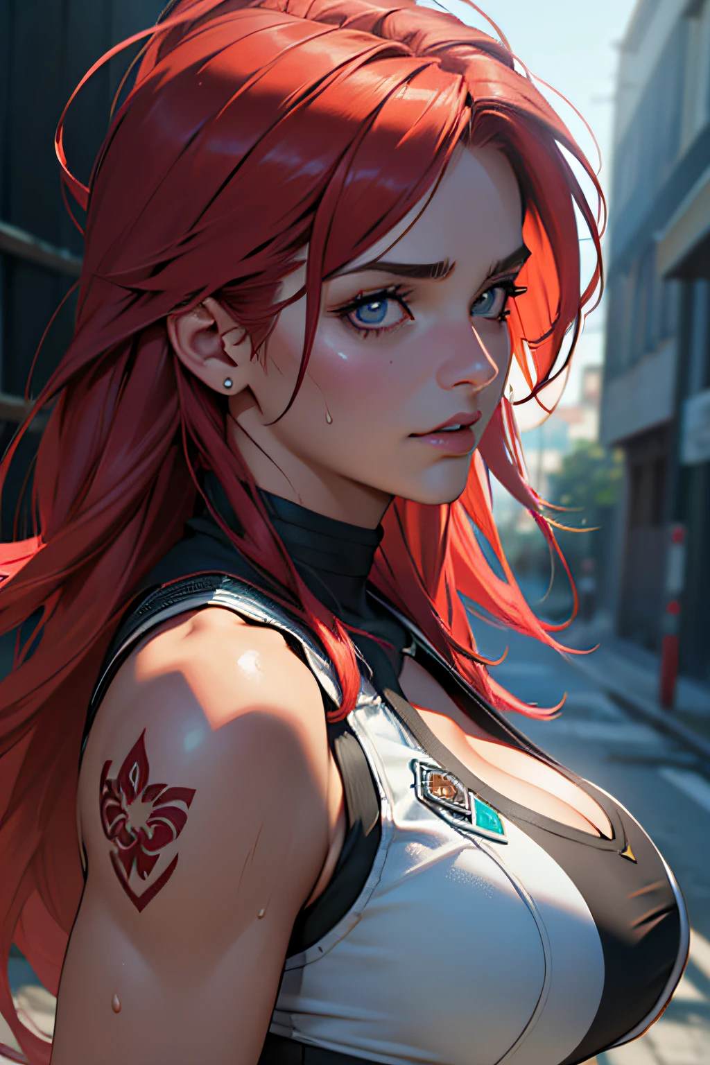 mami, MILF, Mature female, punk, Rua, peituda, peitos enormes, Seios enormes, sweating, red hair, cabelos longos, hentai, High detail, symmetric, alta qualidade, natural lighting, textura da pele, absurdos, alta resolução, ultrasharp, 8k, master part, extreme attention to detail, rosto perfeito,Realistic, (master part, Qualidade Superior, best quality, Arte Oficial,) Very detailed, mais detalhado, (1Mulher:1.3)