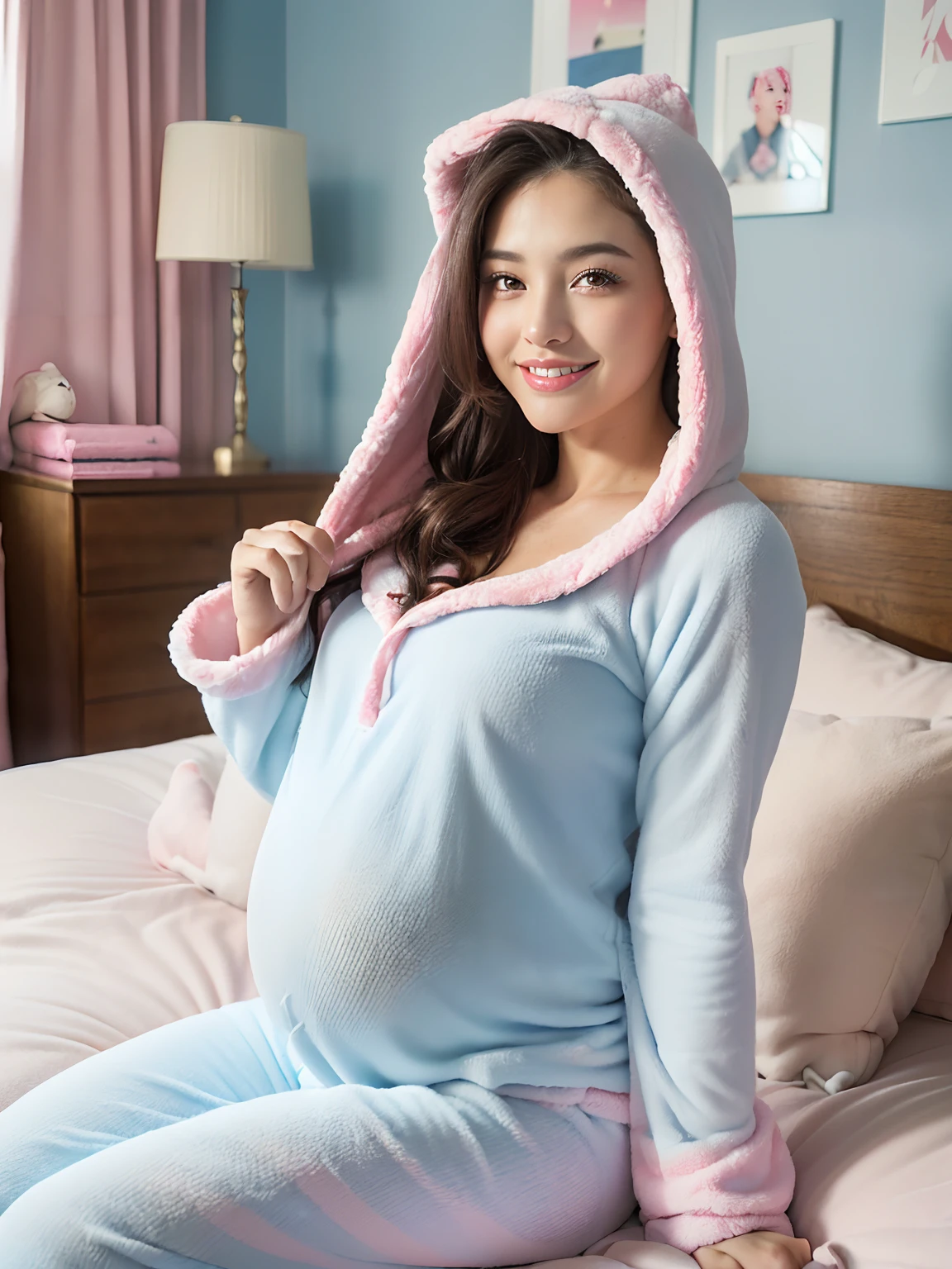 (((Japan and half Spanish beauty,Pregnant,Slightly bulging belly,Mokomo this bed,Fur bed,Very chunky and warm bed,Too big size for her,Parker Pajamas,The hood is lowered.,Mokomoko thick pajamas,Very chunky pajamas,Chunky blanket pajamas,white, Light blue and pink pajamas,white, shuicolor,Fur pajamas,Pajamas in the middle of winter,Chunky fluffy,Light blue and pink pajamas,White pajamas, white, Light blue and pink stripes,Cute pajamas in pastel colors,Chunky brushed back,fluffly,Soft breasts,Colossal tits,Breast bulge,Warm pajamas in Moco Moco,Sitting on a bed in a room,Pretty Girls Room,Perfectly recreate the girl's room))),((Perfect makeup,long eyelashes,Glitter powder on the face,Oversized pajamas,Cotton pajamas,Looking at the camera,Red cheeks,Biggest smile,Phenomenally cute face,de pele branca,glistning skin,Clean teeth,perfect teeth,White teeth,finerly detailed face,Quality and beautiful face,Clear and beautiful face,Perfect smile,Perfect fingers,Perfect hands,Accurate 5 fingers,high-definition RAW color photography, professional photograpy, extremely delicate and beautiful, Extremely detailed,finely detail, Huge file size,Top image quality,8K,Photos taken with a single-lens reflex camera))