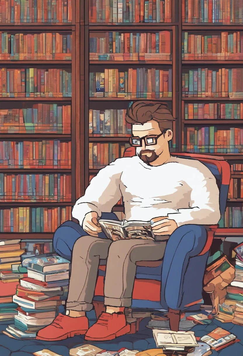3D render in the style of a Pixar movie poster featuring 'Donny', a mature man with round glasses, medium military-cut hair, and a super short, mostly black beard. He wears a hoop earring in his left ear, a red t-shirt with a white star, jeans, and visible All-Star sneakers. He's sitting on the floor, laughing heartily as he reads a comic book, surrounded by other comic books. The background bookshelf features four cats: a fluffy white cat, a slender yellow cat, a plush black and white cat, and a regular-furred tabby cat. The title of the movie is 'The Comic Enthusiast' with taglines and credits at the bottom., anime