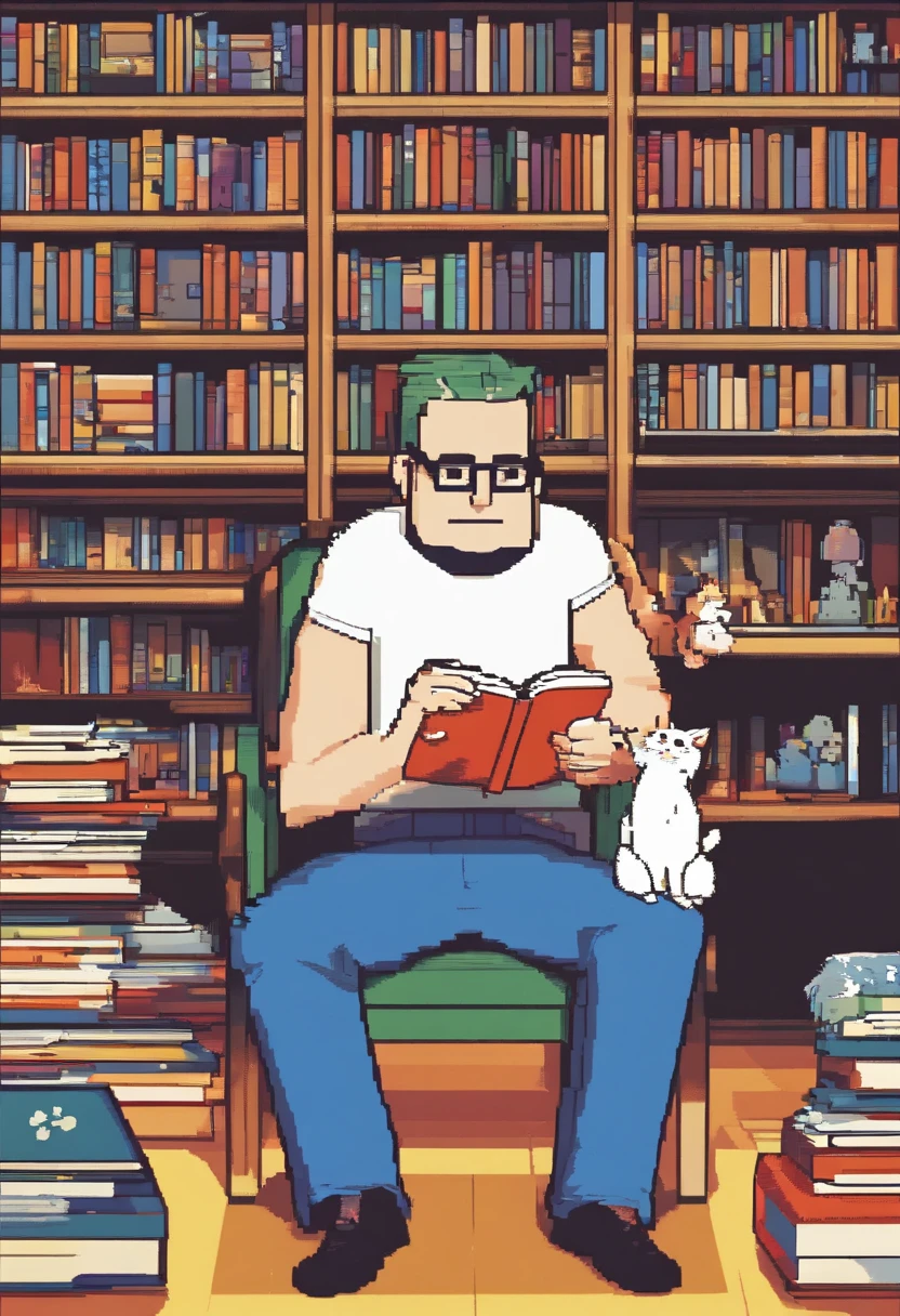 3D render in the style of a Pixar movie poster featuring 'Donny', a mature man with round glasses, medium military-cut hair, and a super short, mostly black beard. He wears a hoop earring in his left ear, a red t-shirt with a white star, jeans, and visible All-Star sneakers. He's sitting on the floor, laughing heartily as he reads a comic book, surrounded by other comic books. The background bookshelf features four cats: a fluffy white cat, a slender yellow cat, a plush black and white cat, and a regular-furred tabby cat. The title of the movie is 'The Comic Enthusiast' with taglines and credits at the bottom., anime