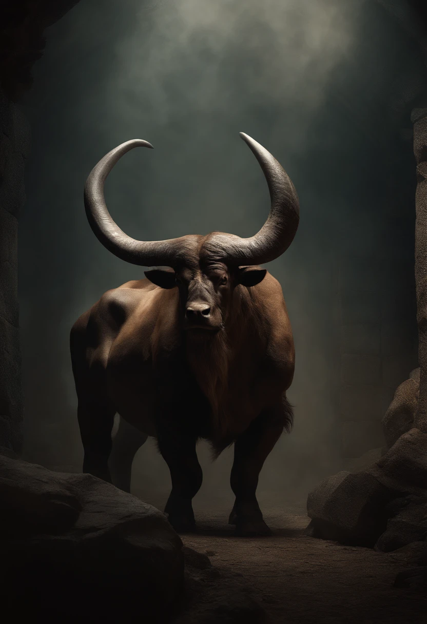 (best quality,highres:1.2),(realistic,photorealistic:1.37),detailed minotaur in a dark maze,ominous atmosphere,fine mist,oil painting,ancient stone walls,minimalistic lighting,contrast,color palette of earth tones,sharp focus,heavy texture,emotive gaze,imposing presence,monstrous physique,towering horns,rippling muscles,thick fur,subtle expressions,heavy breathing,ferocious stance,depth and perspective,clarity,subtle shadows,dynamic composition,mythological creature,symbol of power and strength,mythical beast.