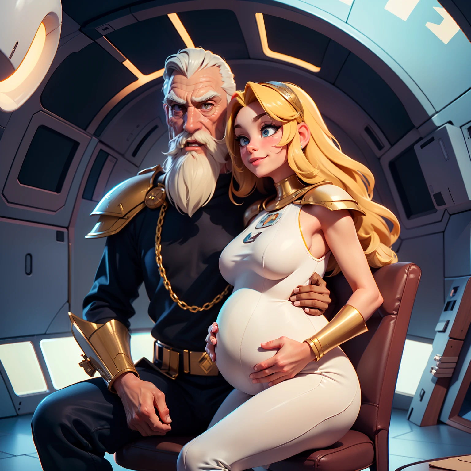 Star Wars, One old man Tywin Lannister and one young Princess Padme human race, age gap, age difference, giant tall size, old man 70, long beard white, armor stormtrooper, face smile, hairy body, naked, big long penis erect, cumming, he carries his girlfriend strongly with both hands, kissing mouths loves, ass fuck positions, sexy young girl 18, size tiny and skinny, a little pregnant, hairstyle blond, face embarrassing blushed, in comfort sitting position for sex, one old man, one young girl, naked, nsfw, on Spaceship.