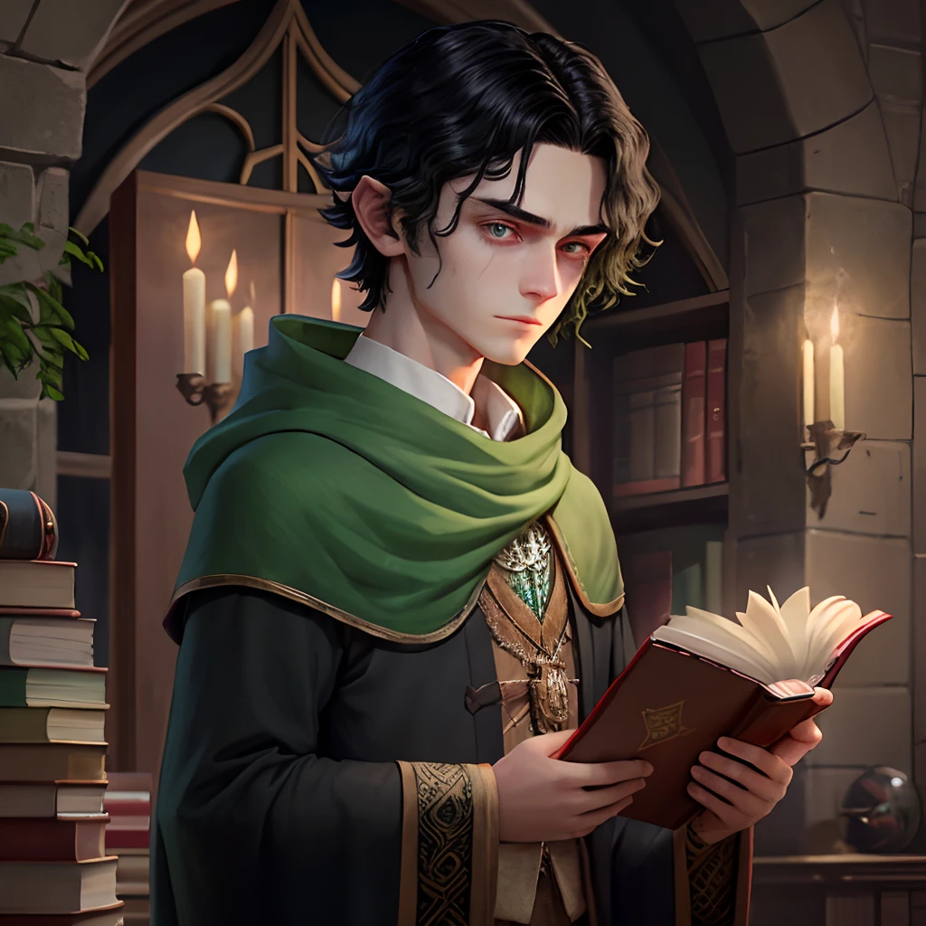 Wizard, student, dark hair, eye covered, eye bags, bad posture, shy, holding a book, male, fantasy, green eyes, poor, 1 boy, dark circles
