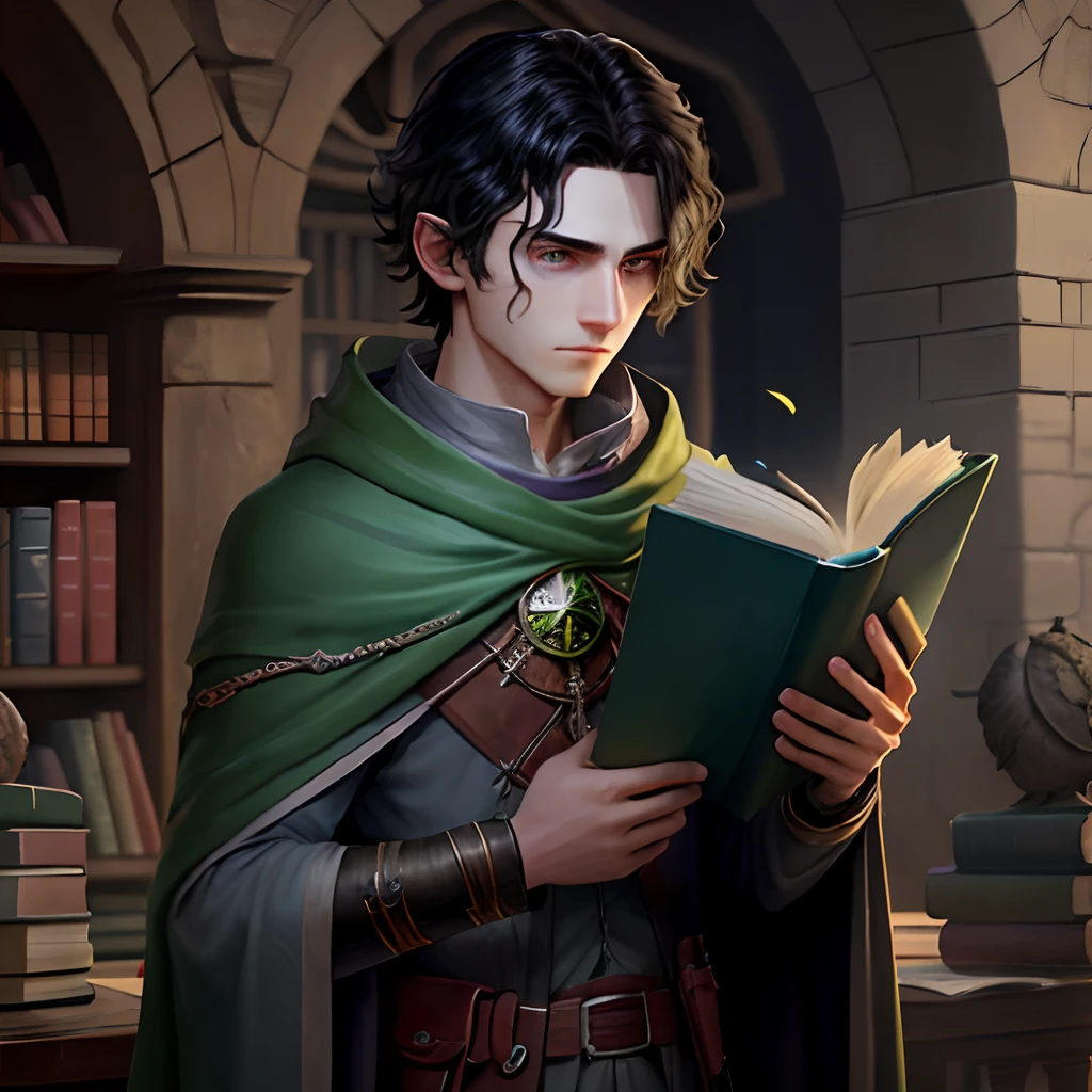 Wizard, student, dark hair, eye covered, eye bags, bad posture, shy, holding a book, male, fantasy, green eyes, poor, 1 boy, dark circles