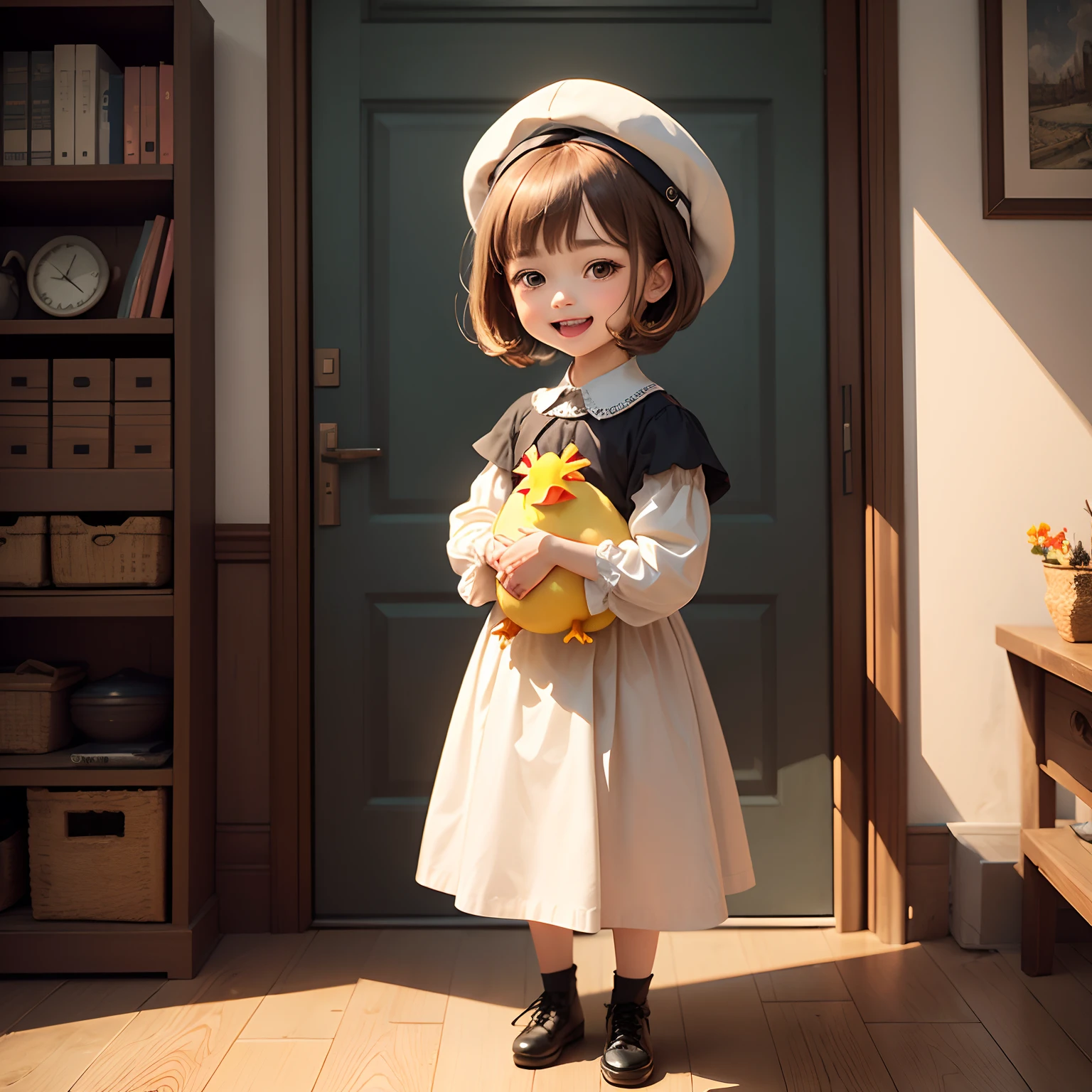 masterpiece、top-quality、ultra-detailliert、(Chibi Chara Chicken:
1.37)、A chibi character with a chicken-like face、The background is Johannes Vermeer『View of Delft』、Standing、Open your mouth and smile