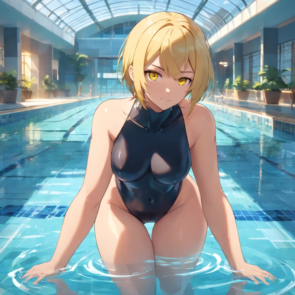 1 male human、a blond、huge ass、Black catsuit、yellow eyes、Large, thick thighs、short-haired、wide hips、pantyhose、musculature、Indoor swimming pool