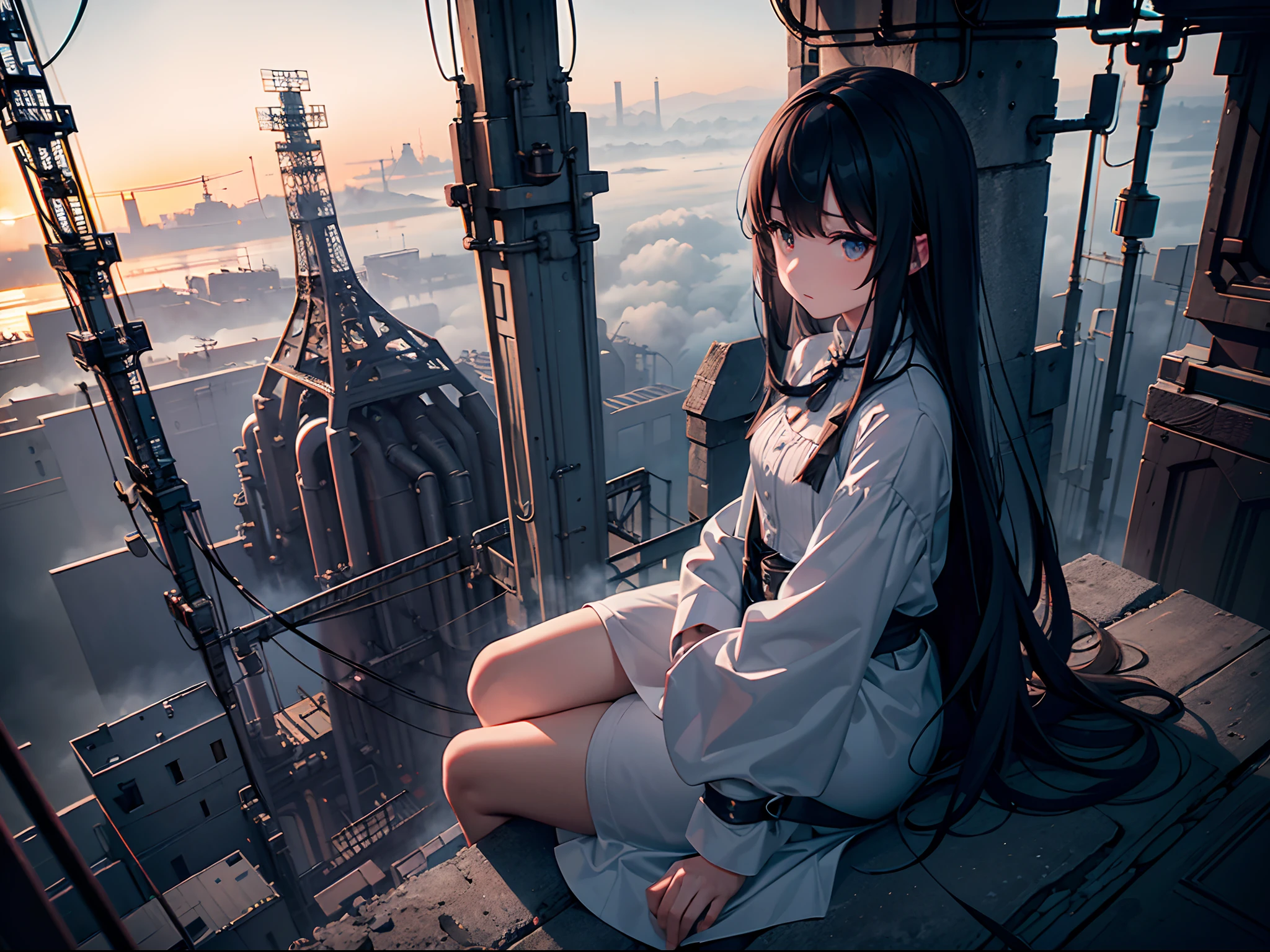 high-angle、A huge factory area sunk in night fog、Girl sitting on the highest point and looking down、Don't focus on people、Highly intricate details、Creepy figure、Huge plants lined up、pylons、Intricate large and small pipes、Cement plant、Narrow and intricate staircase、chimney、Rising smoke、dark ambiance、Billboards everywhere、neons
