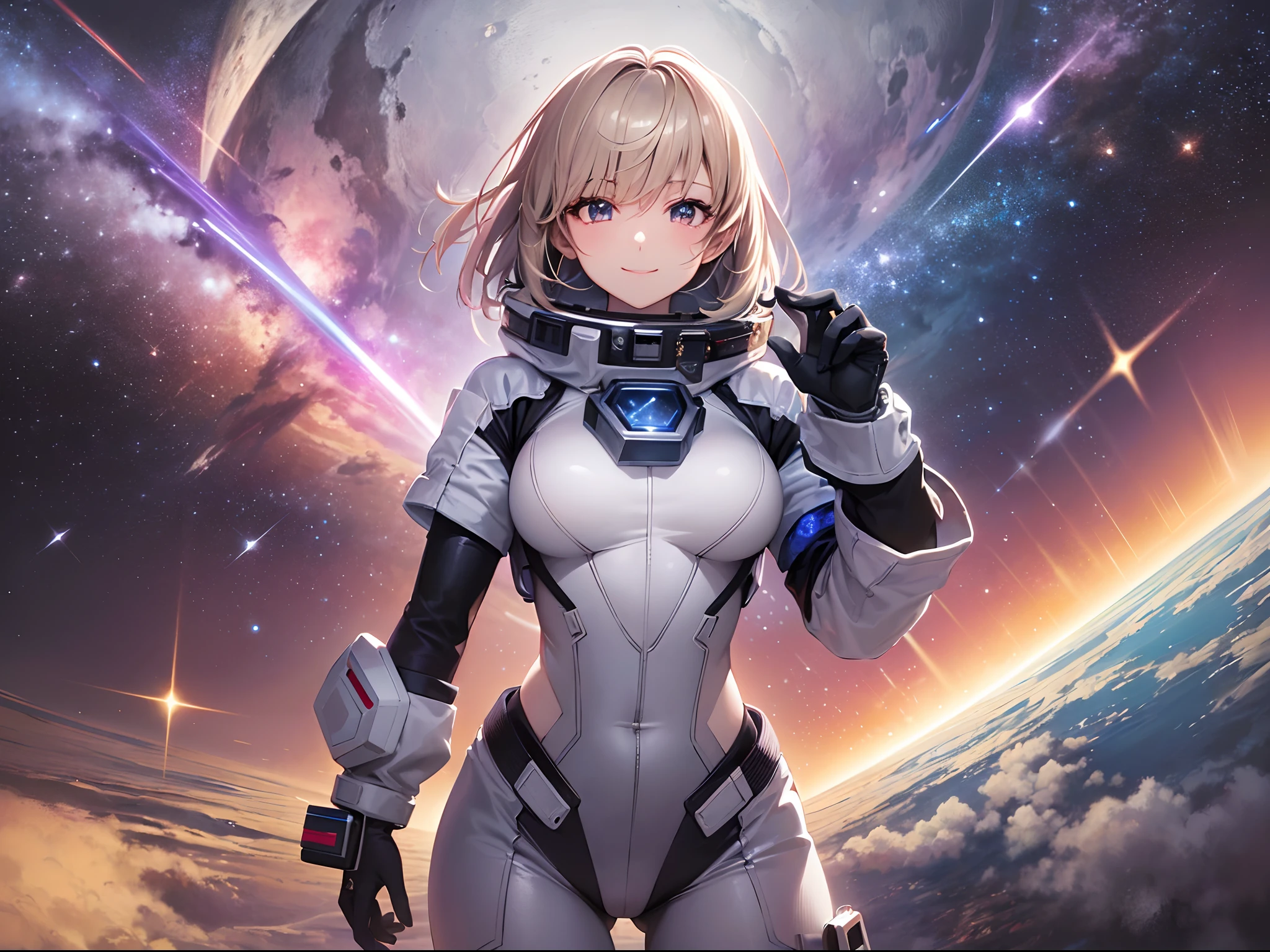 ((Finest quality)),(超A high resolution),(ultra-detailliert),(Meticulous portrayal),((Best Anime)),(Finest works of art),sharpnes,Clair,Sci-Fi Art,stele々Sparkling outer space, (Spacewalk girl),a smile