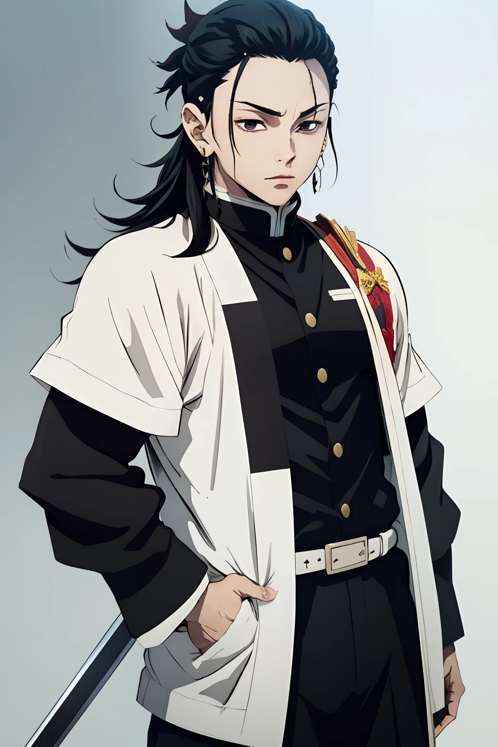 white young man, black hair, suguru geto hairstyle, sword, demon slayer uniform, lindo, defined, awesome, young, pretty, beautiful