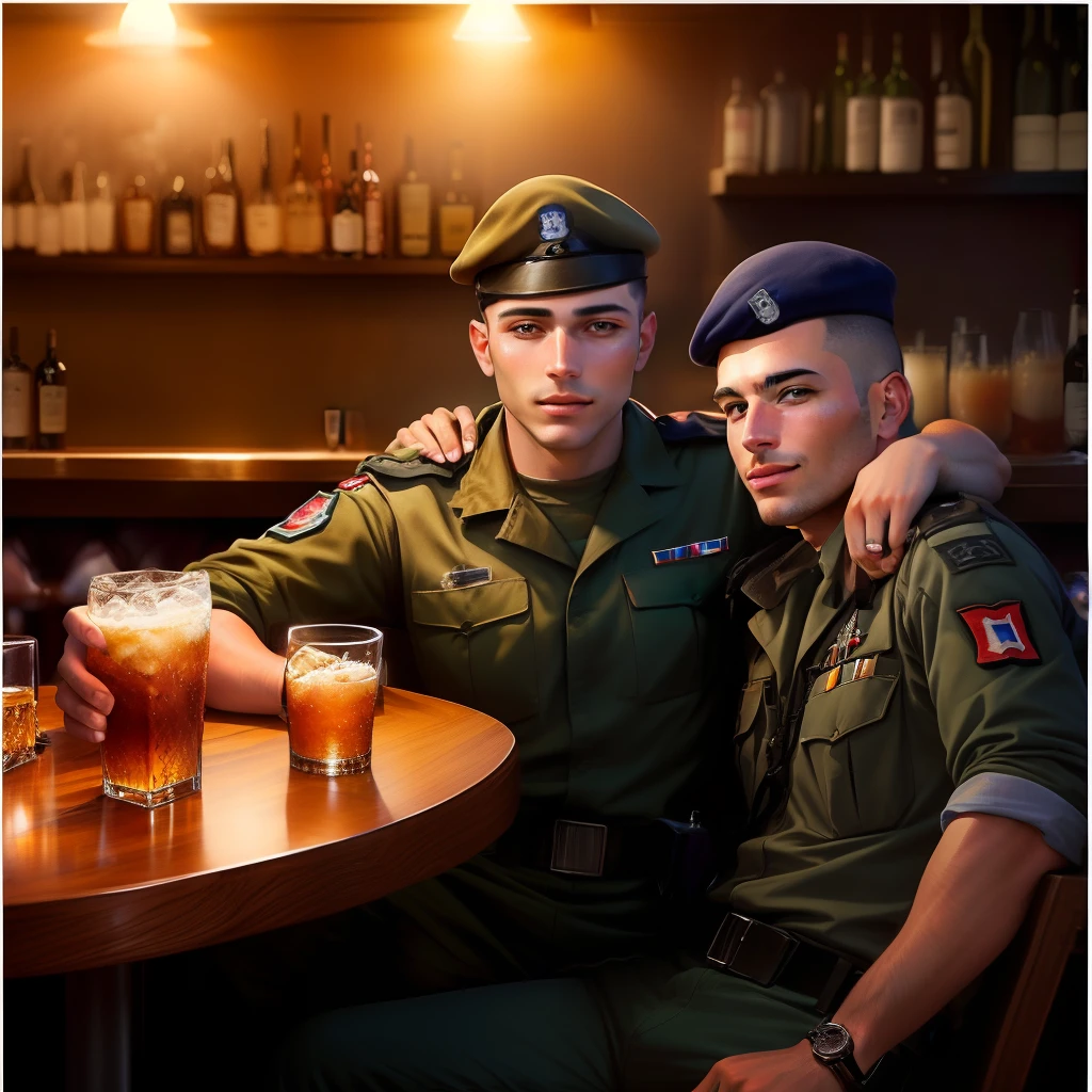 Realistic selfie photograph of Israel soldiers drinking and partying in a bar.