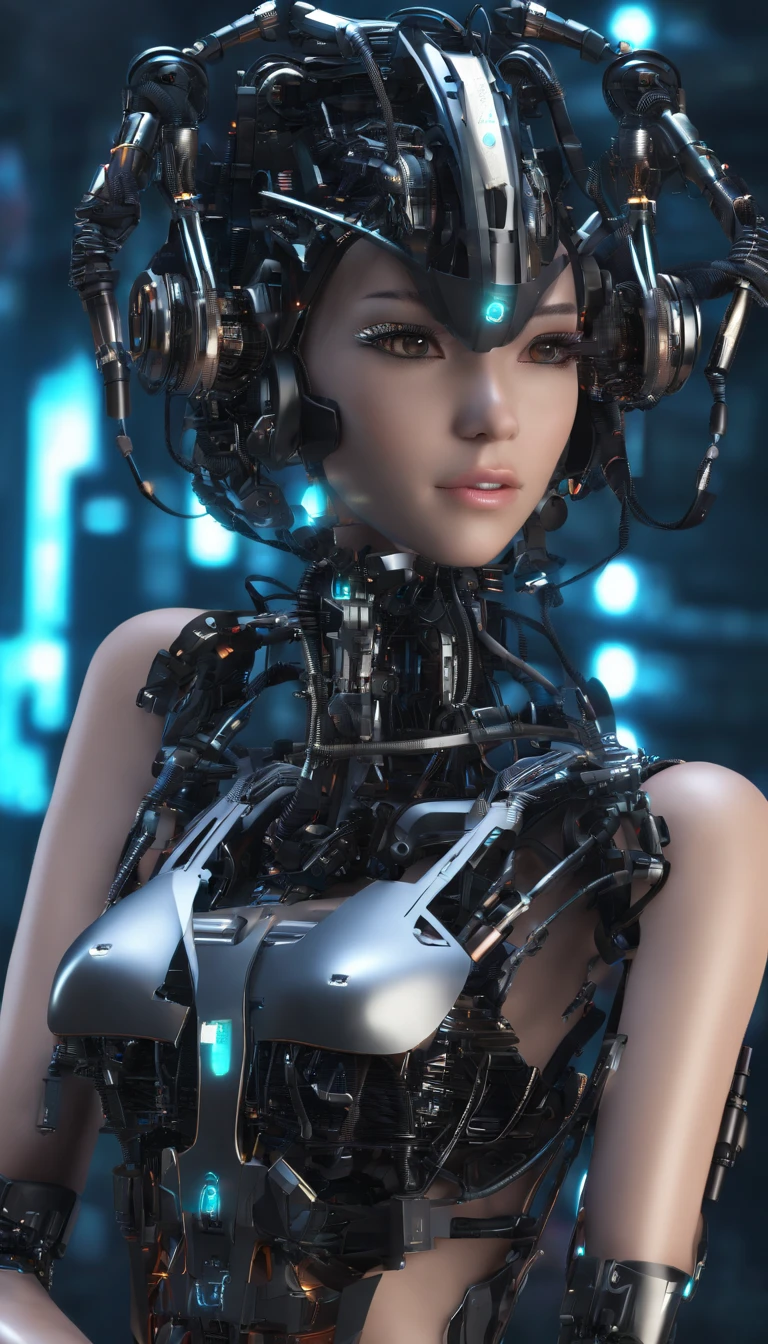 (full body shot of:1.4),Space art,1 cheongsam woman,full bodyesbian,Stand up,Transparent robotic arm,slim toned body,proporções perfeitas,Delicate hair accessories,ssmile,Transparent mechanical shoes,Oriental elements,(Bokeh),high high quality,4K,3D