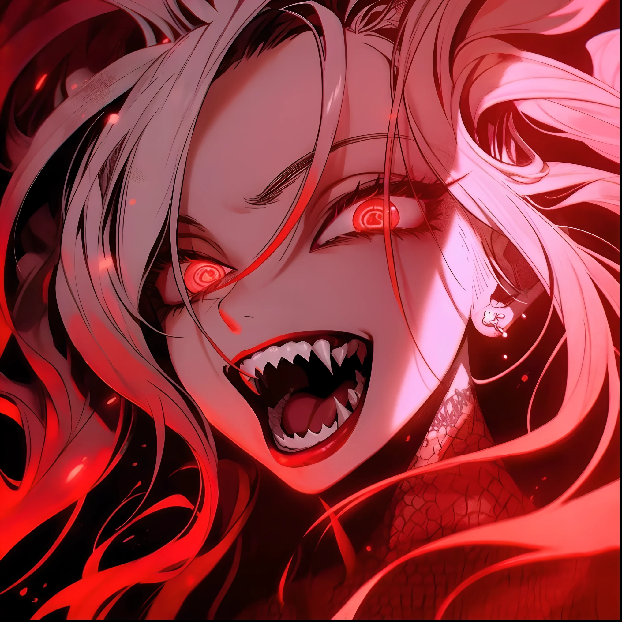 Garota anime com olhos vermelhos e presas em um quarto escuro, com olhos vermelhos brilhantes, menina anime demon, Demon Slayer art style, com olhos vermelhos brilhantes, menina vampiro, com olhos vermelhos, Demon girl, Demon Slayer, vampiros de anime, sorriso maligno e olhos brilhantes, olhos totalmente vermelhos, Anime Wallaper, com olhos vermelhos ardentes, olhos vermelhos brilhantes