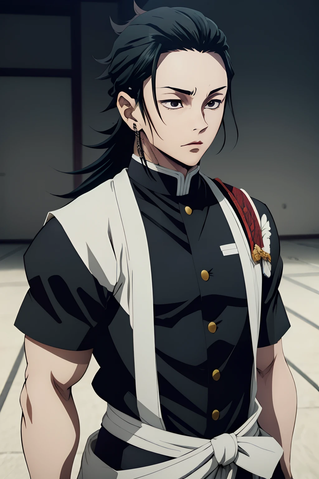 white young man, black hair, suguru geto hairstyle, sword, demon slayer uniform, lindo, defined, awesome, young, pretty, beautiful