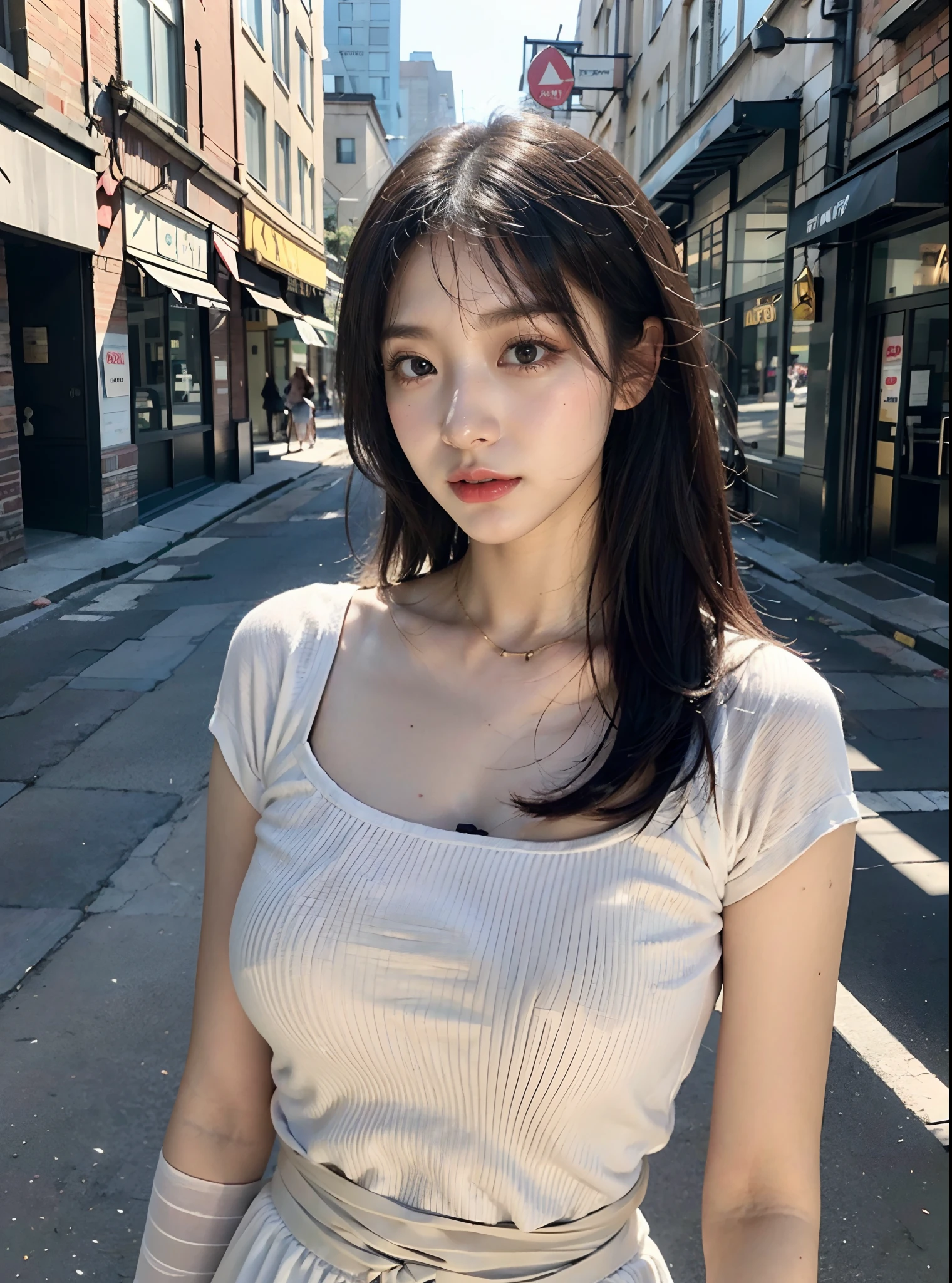 (Best Quality, 8K, 32 k, Masterpiece, UHD:1.2), Photorealistic:1.37,Photo Masterpiece, Best Quality, Raw foto,  UHD, 1Girl,  Long hair, Glitter Hair,Brown hair, captivating, White dress, [Messy Half Ponytail|bobcut] The middle_parting_Hairstyles, looking up at viewer, In the street, intriciate detail, detailed background, Detailed skins, pore, high resolucion, HDR, looking up at viewer, from frontal, Whole-body focus, Street Snap, Depth of field,  detailed details, Anatomically accurate.,  (Photorealistic, BAPV:1.3), (Upper body from waist frame:1.2), Renaissance background, natural lighting, golden_ratio, Shot with Kodak Vision3 IMAX, fujicolor_because_film,