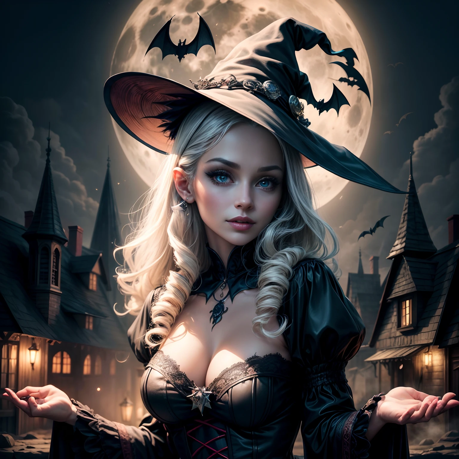 (best quality,4k,8k,highres,masterpiece:1.2),ultra-detailed,(realistic,photorealistic,photo-realistic:1.37),cartoon style,cute Halloween witch,beautifully detailed eyes,beautifully detailed lips,extremely detailed face,long eyelashes,colorful outfit with witch hat,playful and mischievous expression,pointy nose,fair skin,white teeth,flying broomstick,bat decorations,full moon in the background,magical sparks,haunted house,spooky forest,artistic visual style,pastel color palette,warm and inviting lighting