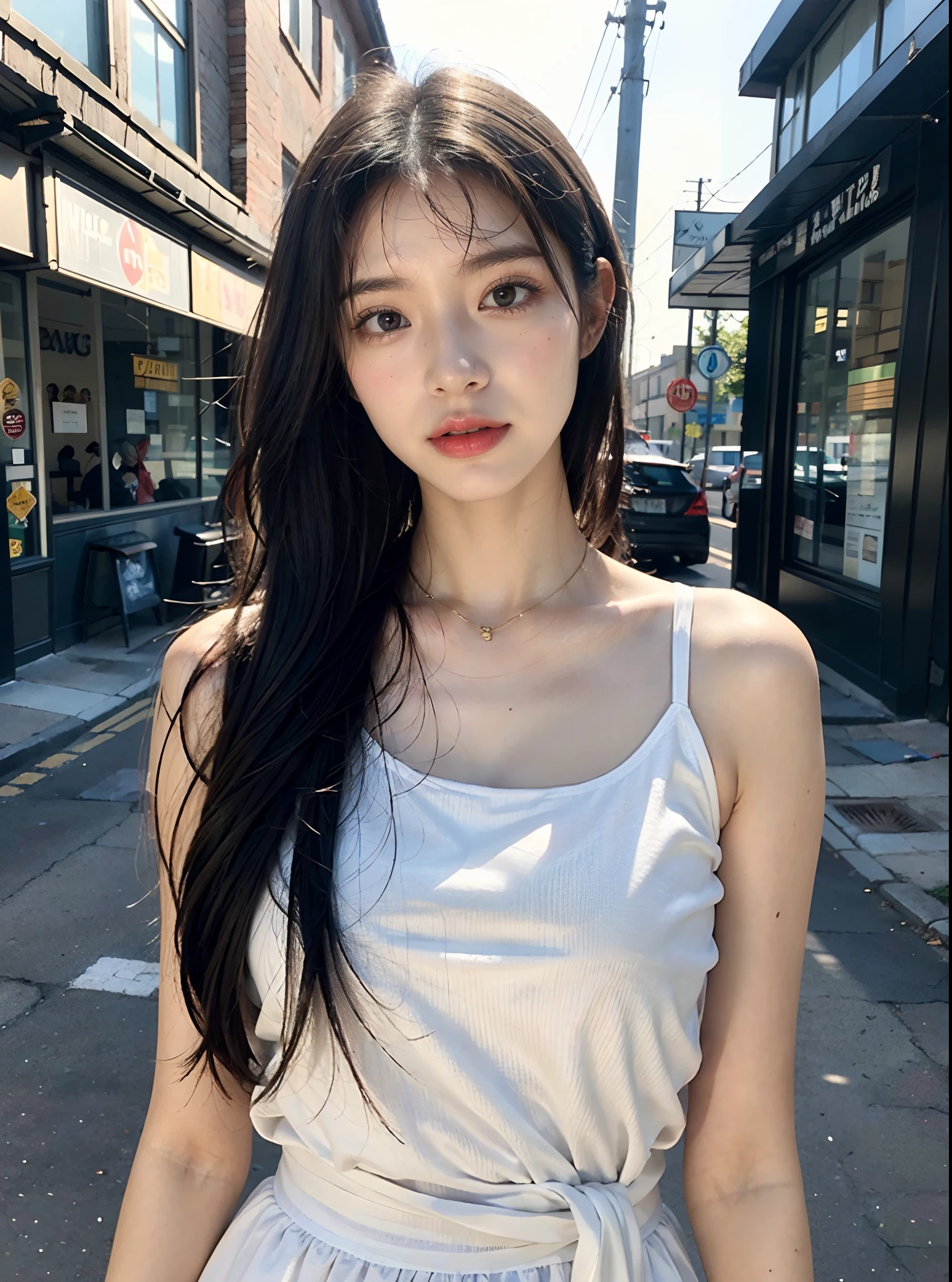 (Best Quality, 8K, 32 k, Masterpiece, UHD:1.2), Photorealistic:1.37,Photo Masterpiece, Best Quality, Raw foto,  UHD, 1Girl,  Long hair, Glitter hair,Brown hair, captivating, White dress, [Messy Half Ponytail|bobcut] The middle_parting_Hairstyles, looking up at viewer, In the street, intriciate detail, detailed background, Detailed skins, pore, high resolucion, HDR, looking up at viewer, from frontal, Whole-body focus, Street Snap, Depth of field,  detailed details, Anatomically accurate.,  (Photorealistic, BAPV:1.3), (Upper body from waist frame:1.2), Renaissance background, natural lighting, golden_ratio, Shot with Kodak Vision3 IMAX, fujicolor_because_film,