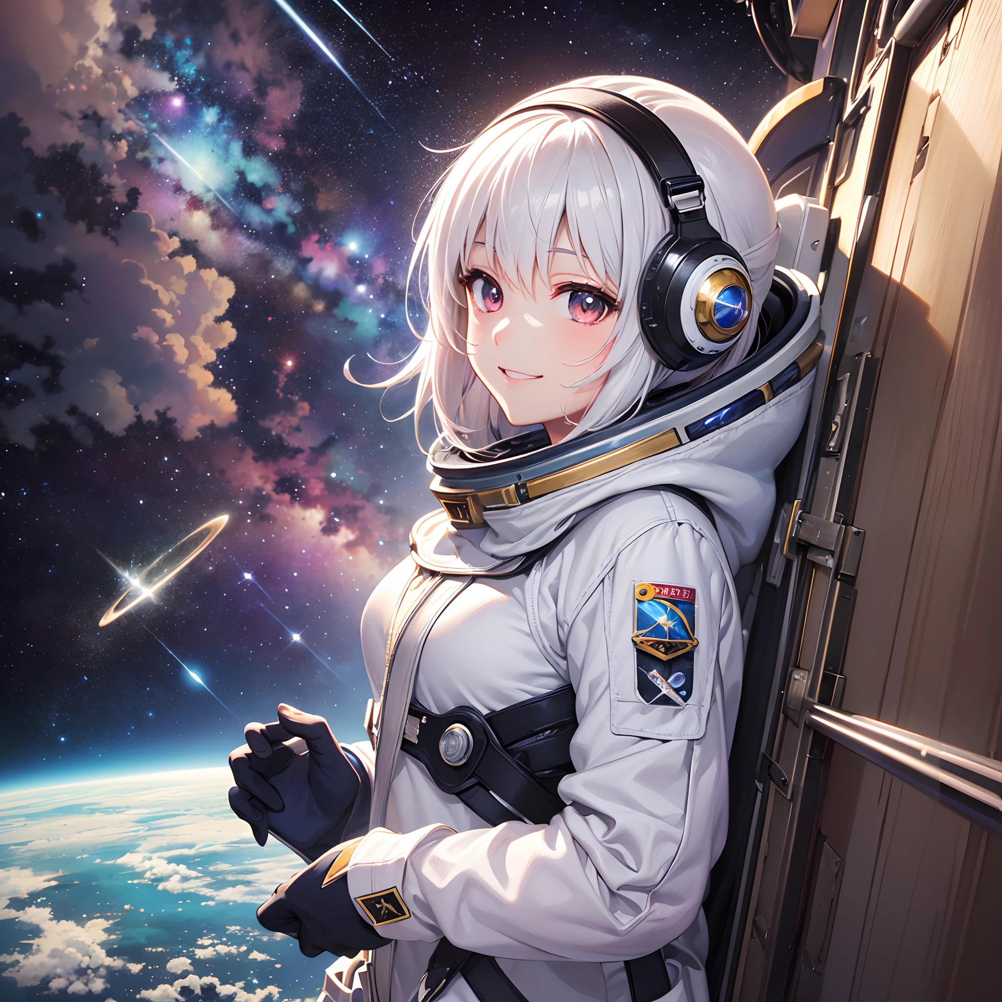(best quality:1.1), (masterpiece:1.3), (absurdres:1.0), (hyper-detailed:1.2), from side, 1girl, solo, head tilt, (astronaut:1.1), (Space Suit:1.2), Spacecraft, spacecraft interior, white hair, blue eyes, looking at looking at viewer, Window, (Starry SKy:1.3), Earth, Universe,
