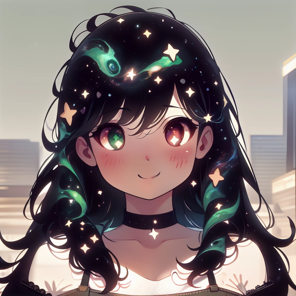 1girl,Star-shaped pupils,fingernails,hands on own face,black hair, right green eye, left brown eye,(blush:1.1),Star choker,upper body,heart,(speed lines:1.1),medium breasts, ((heavy breathing:1.3)), love, heart, tank top, yawn, green bangs, stars in hair, galaxy hair, heterochromia, celestial, looking at viewer, smile, grin