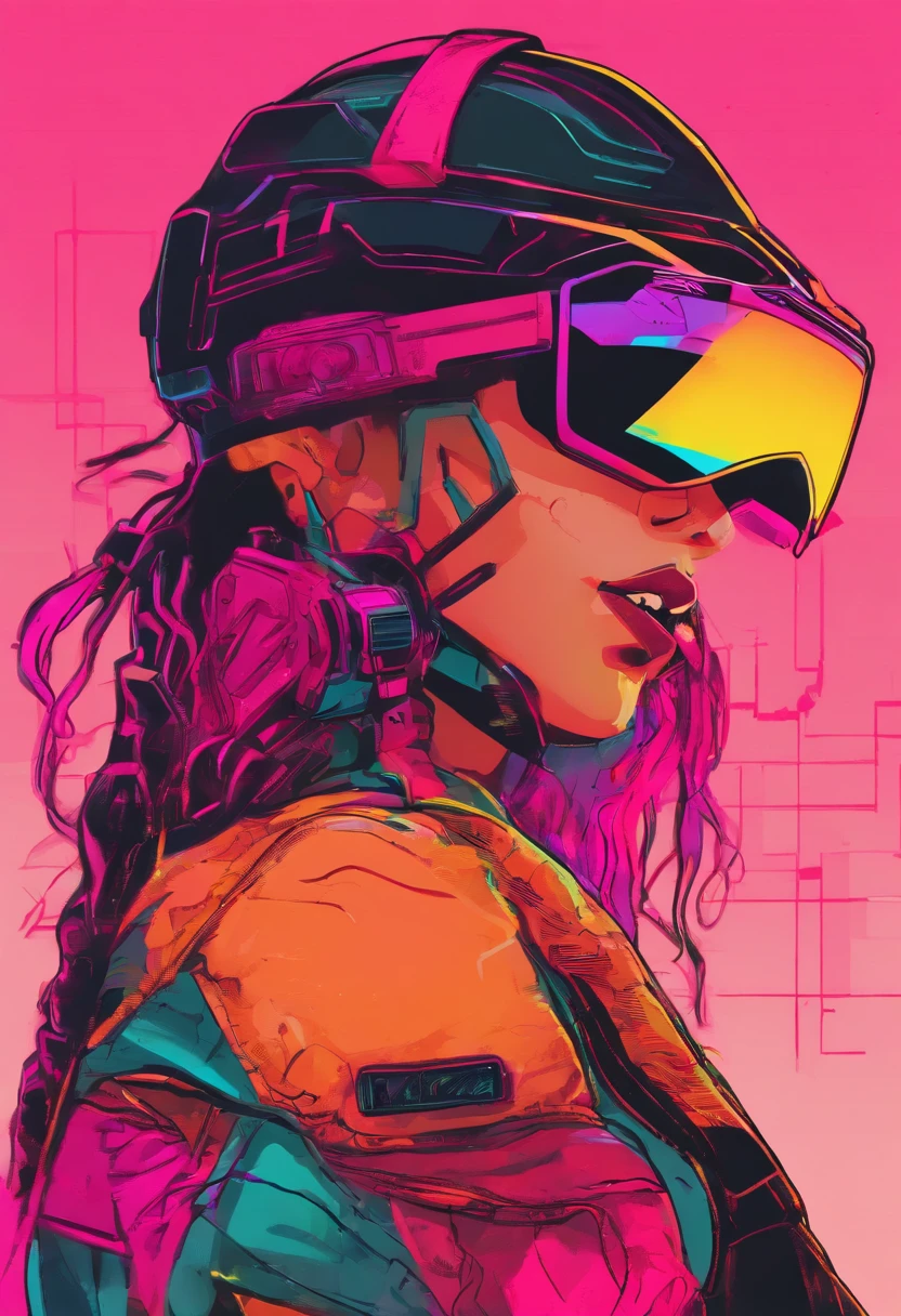 Mulher jovem, pele preta, mullet cacheado curto, roupas estilosas, visor tecnologico