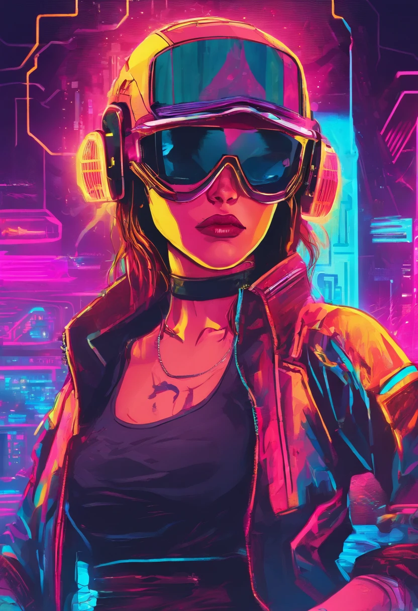 Mulher jovem, pele preta, mullet cacheado curto, roupas estilosas, visor tecnologico