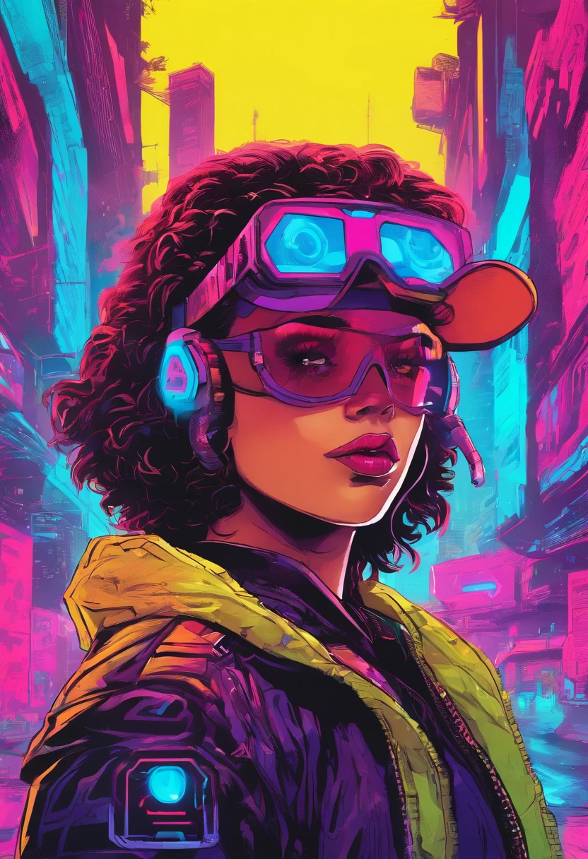 Mulher jovem, pele preta, mullet cacheado curto, roupas estilosas, visor tecnologico