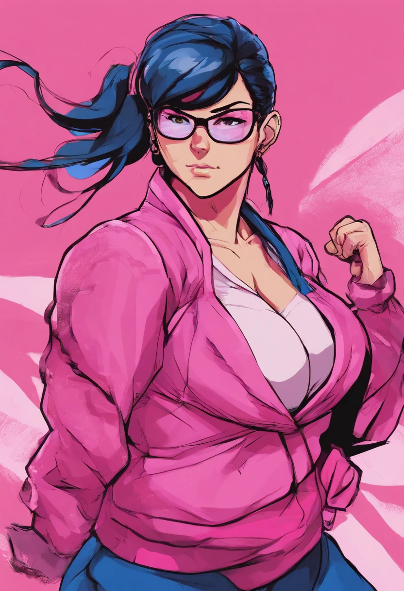 Female fighter , Grabber , Big chested , Round glasses , Chubby , Pink and blue suit, black hair ,