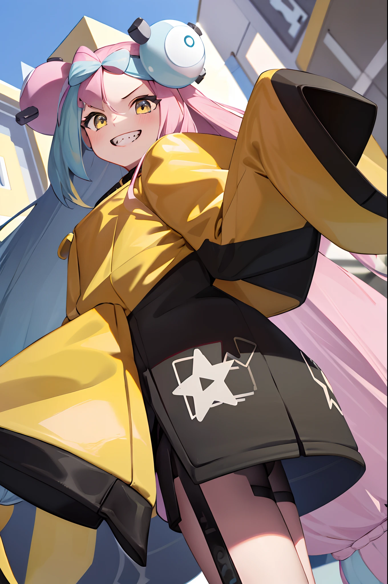 masterpiece, best quality, highres, iono1, 1girl, long hair,  yellow jacket, street, long sleeves, cowboy shot, smile