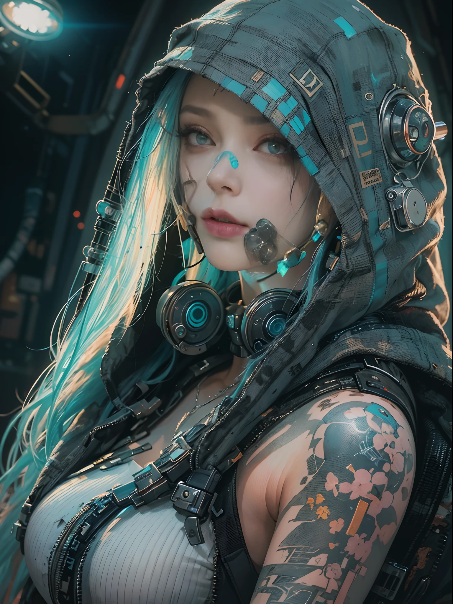 Unbeatable masterpiece, Ultra photo realsisim, Perfect Artwork, Intricate details, Best Quality, strong lights,High contrast,((Post apocalyptic futuristic Cyberpunk , outline):1.35) , ((masterpiece)),((Extremely detailed)) , ((extremely detailed and beautiful face)) , Smoky makeup, Perfectcomposition , intricate detailes , neon light , neon trim, (full body Esbian:1.25) , (Official art) , Very delicately beautiful cyberpunk girl, long blue colored hair blowing in the wind, vibrant yellow eyes, long detailed eyelashes, huge enormously gigantic tits, cleavage showing, wearing highly detailed futuristic hooded battle armor, tons of tattoos and piercings(1girl:1.3) , Solo , (glass screen:1.2) , (Clear glass) , Tindall Effect , Colorful refraction , visual impact , (High light contrast) , Colorful , Melt , (Cyberpunk:1.2) ,(flinch :1.4) ,